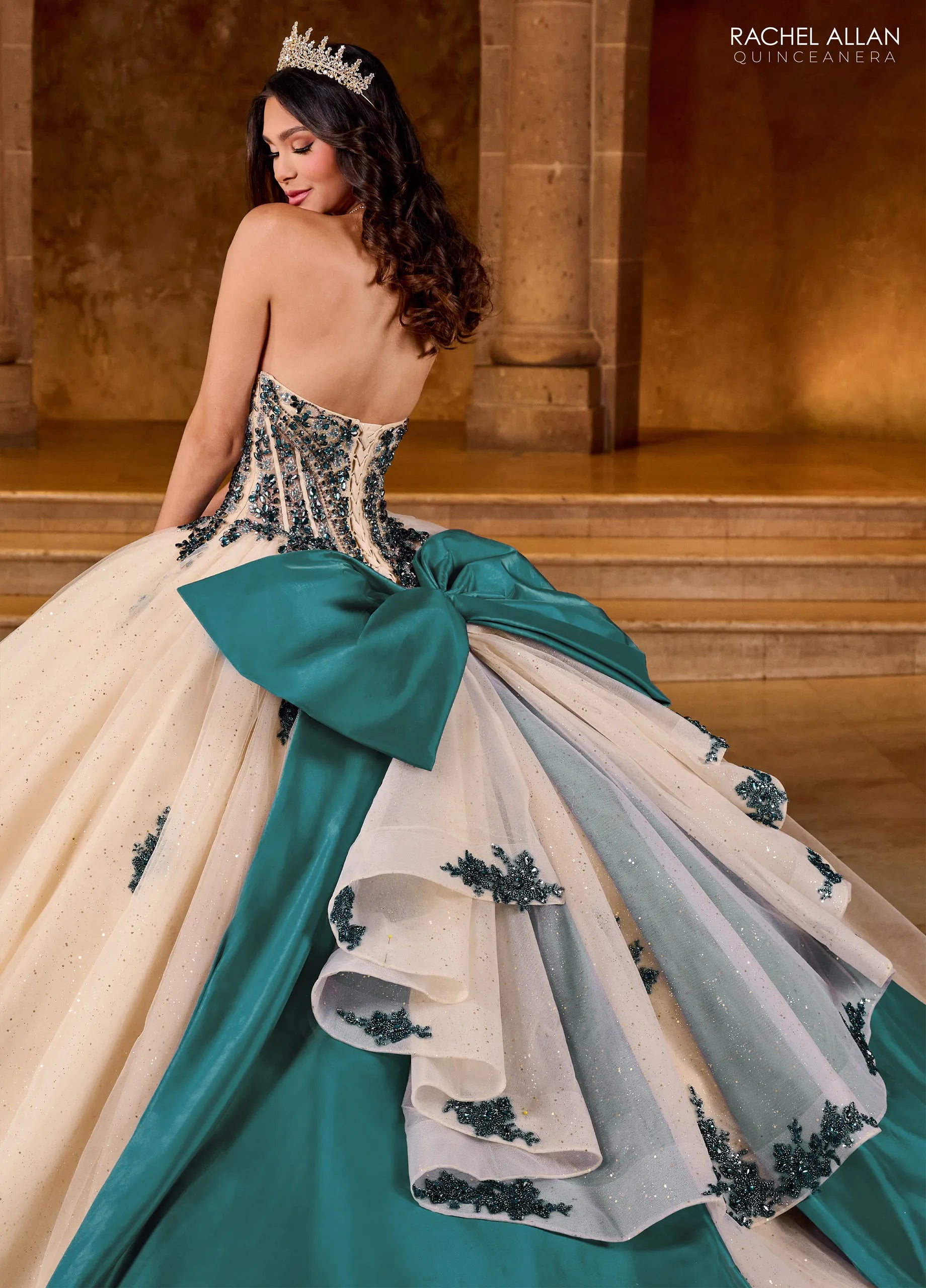 Champagne Peacock Sweetheart Floor Length Glitter Tulle Quinceanera Ball Gown with Detachable Bow Rachel Rachel Allan RQ1152