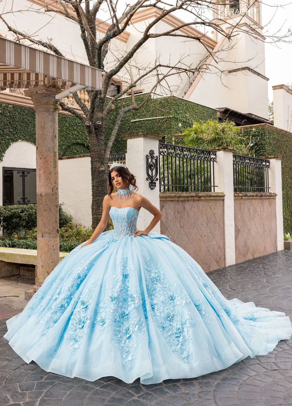 Light Blue Sweetheart Floor Length Glitter Tulle Quinceanera Ball Gown with 3D Floral Applique Rachel Allan RQ1168