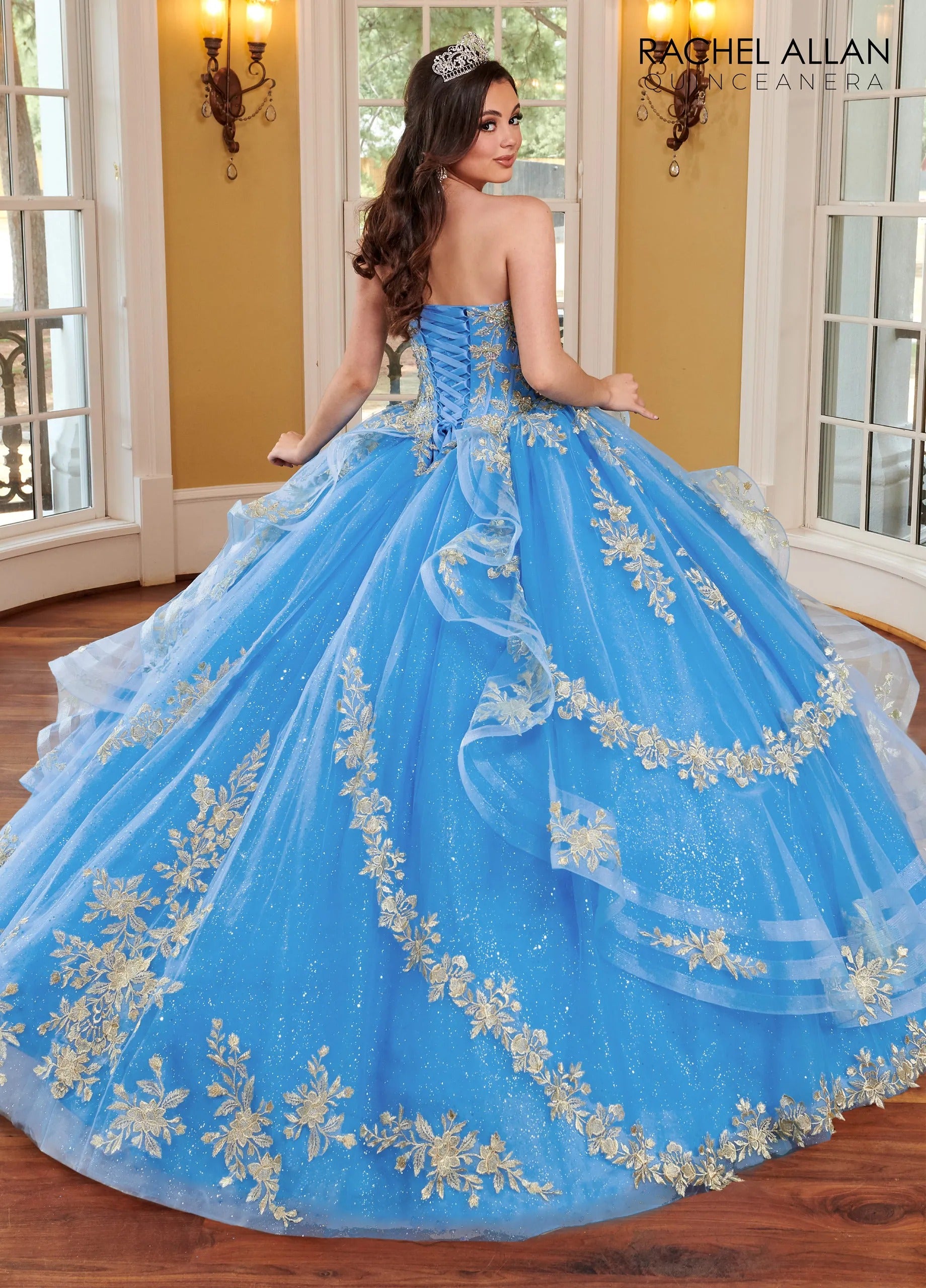 Azure Gold Sweetheart Floor Length Glitter Tulle Quinceanera Ball Gown with Corset Bodice Rachel Allan MQ1118