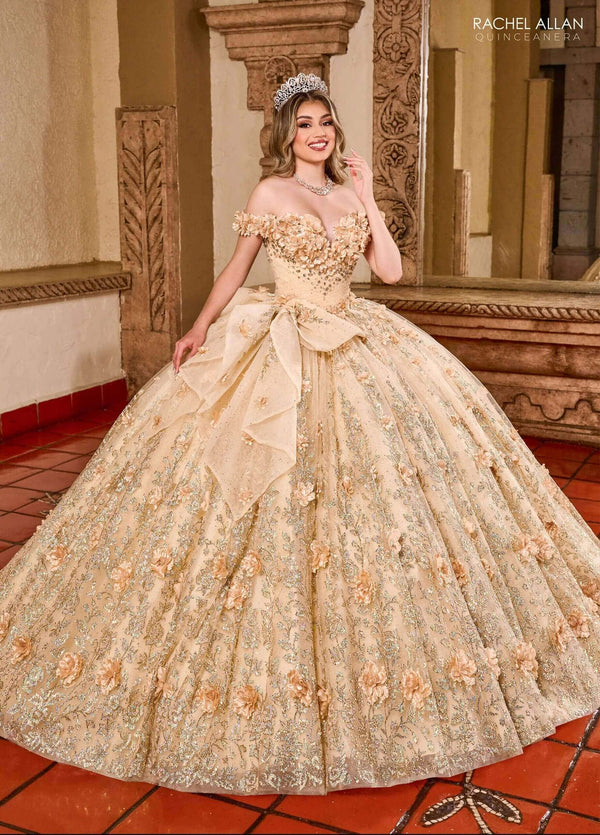Off the Shoulder Floor Length Tulle Quinceanera Ball Gown with Floral Appliqué Rachel Allan RQ1141