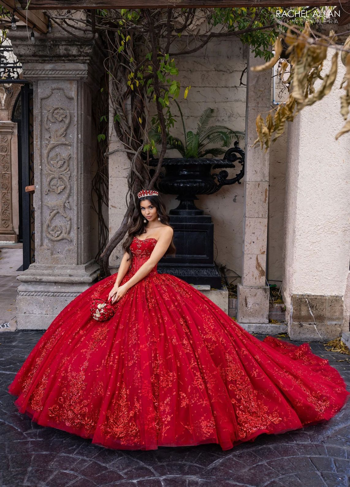 Deep Red High Neck Floor Length Glitter Tulle Quinceanera Ball Gown with Detachable Sleeves Rachel Allan RQ1172