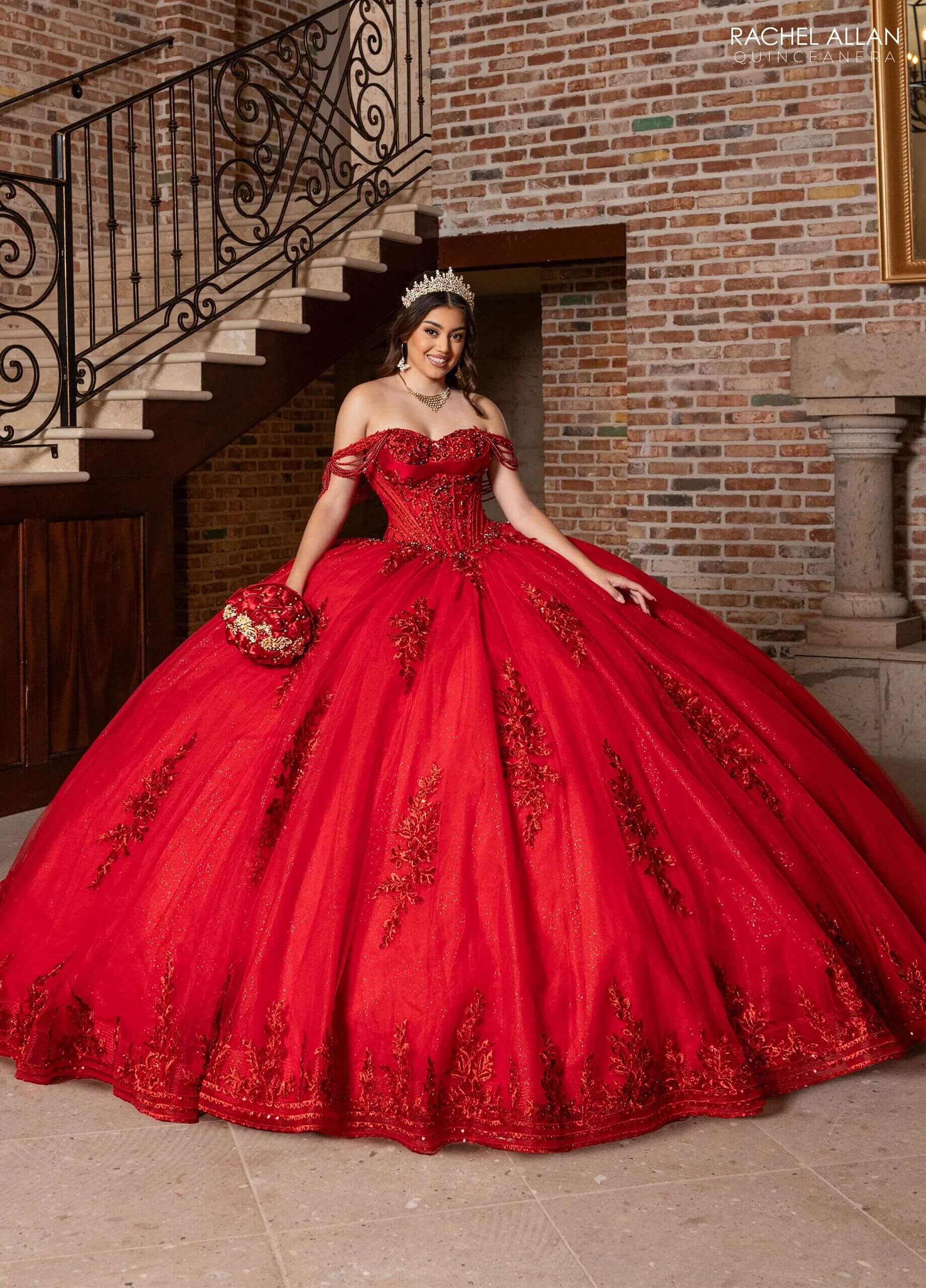 Deep Red Off the Shoulder Floor Length Glitter Tulle Quinceanera Ball Gown with Detachable Bow Rachel Allan RQ1187