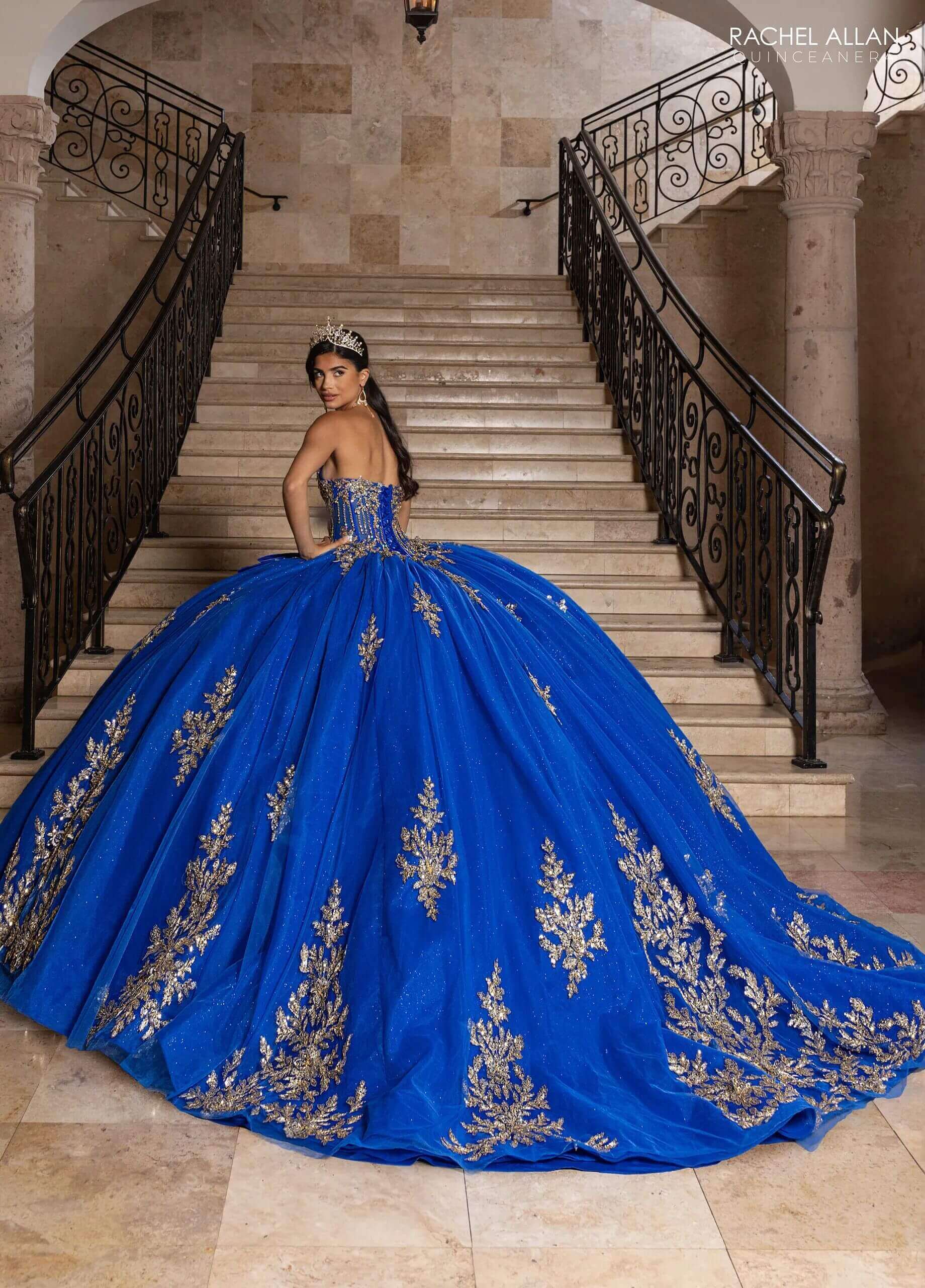 Royal Gold One Shoulder Floor Length Glitter Tulle Quinceanera Ball Gown with Peplum Overskirt Rachel Allan RQ1186