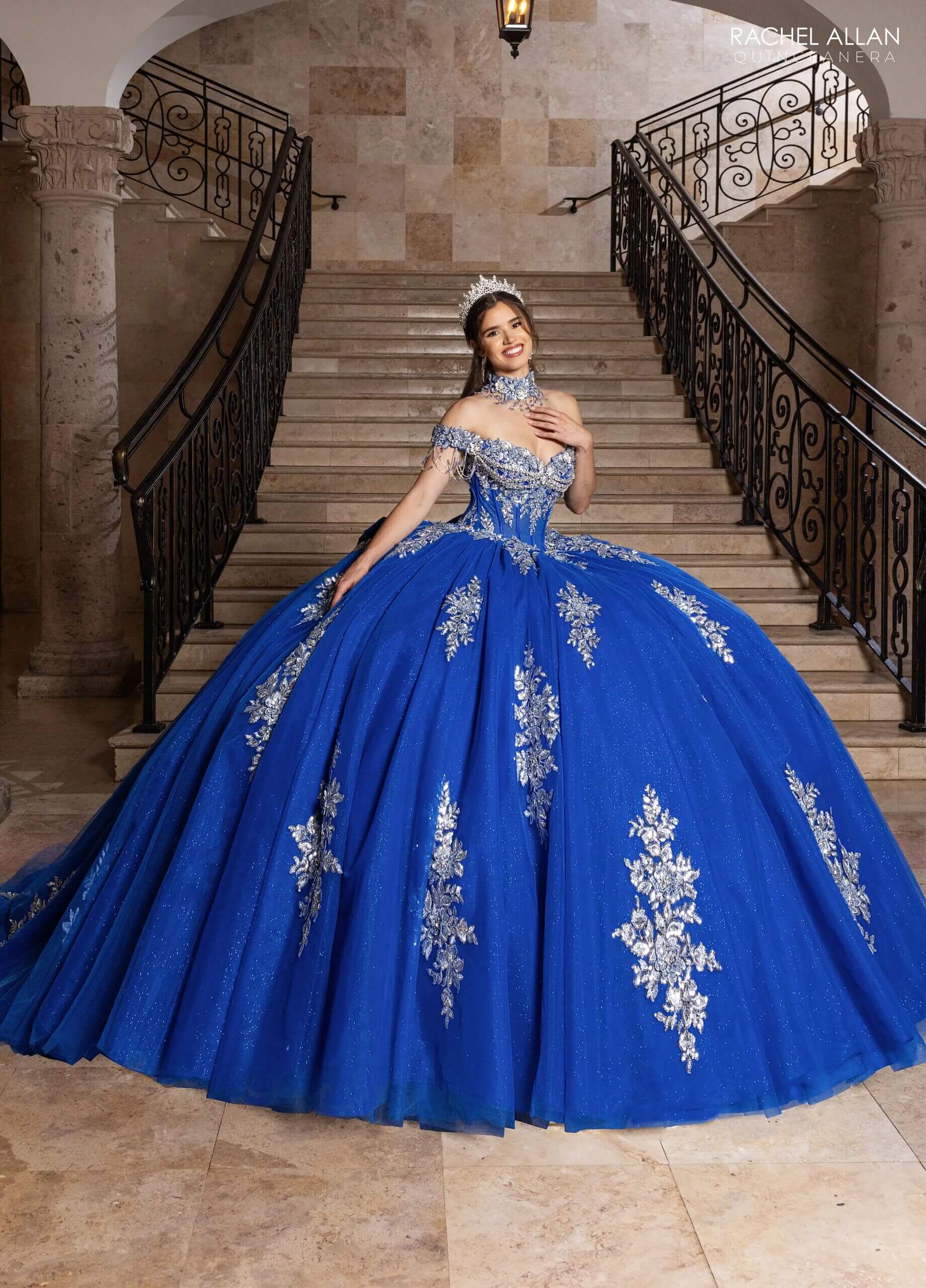 Royal Silver Off the Shoulder Floor Length Glitter Tulle Quinceanera Ball Gown Rachel Allan RQ1183