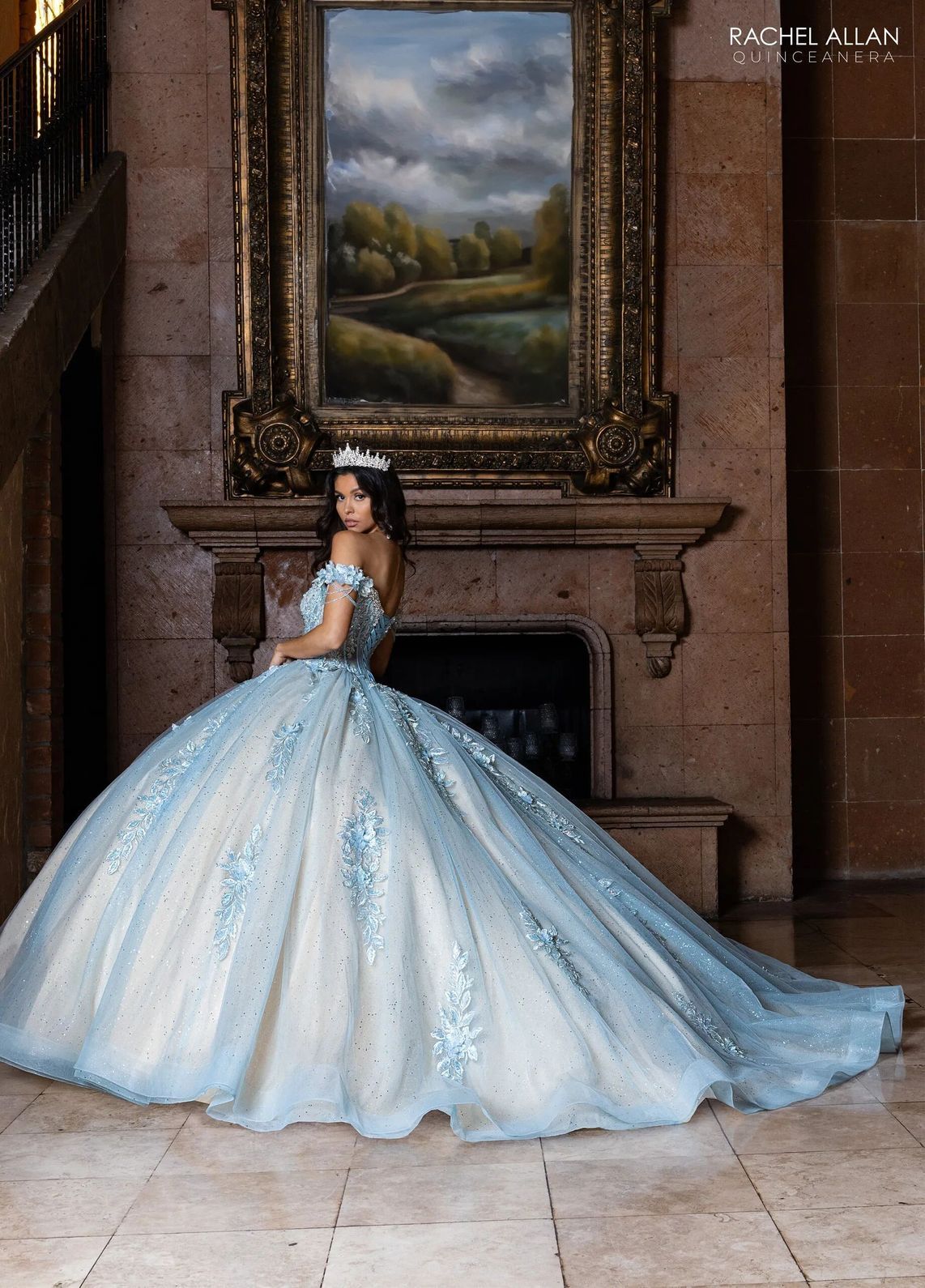 Powder Blue Champagne Sweetheart Floor Length Glitter Tulle Quinceanera Ball Gown with Floral Applique Rachel Allan RQ1166