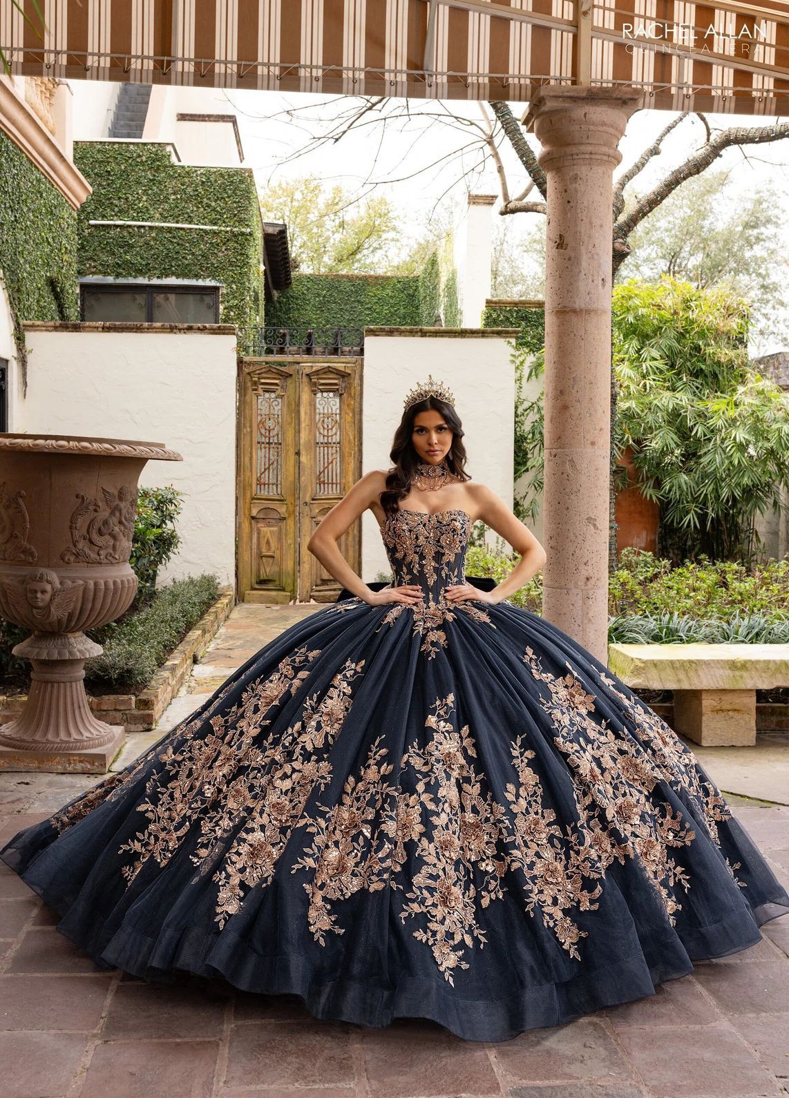 Navy Rose Gold Sweetheart Floor Length Glitter Tulle Quinceanera Ball Gown with 3D Floral Applique Rachel Allan RQ1168