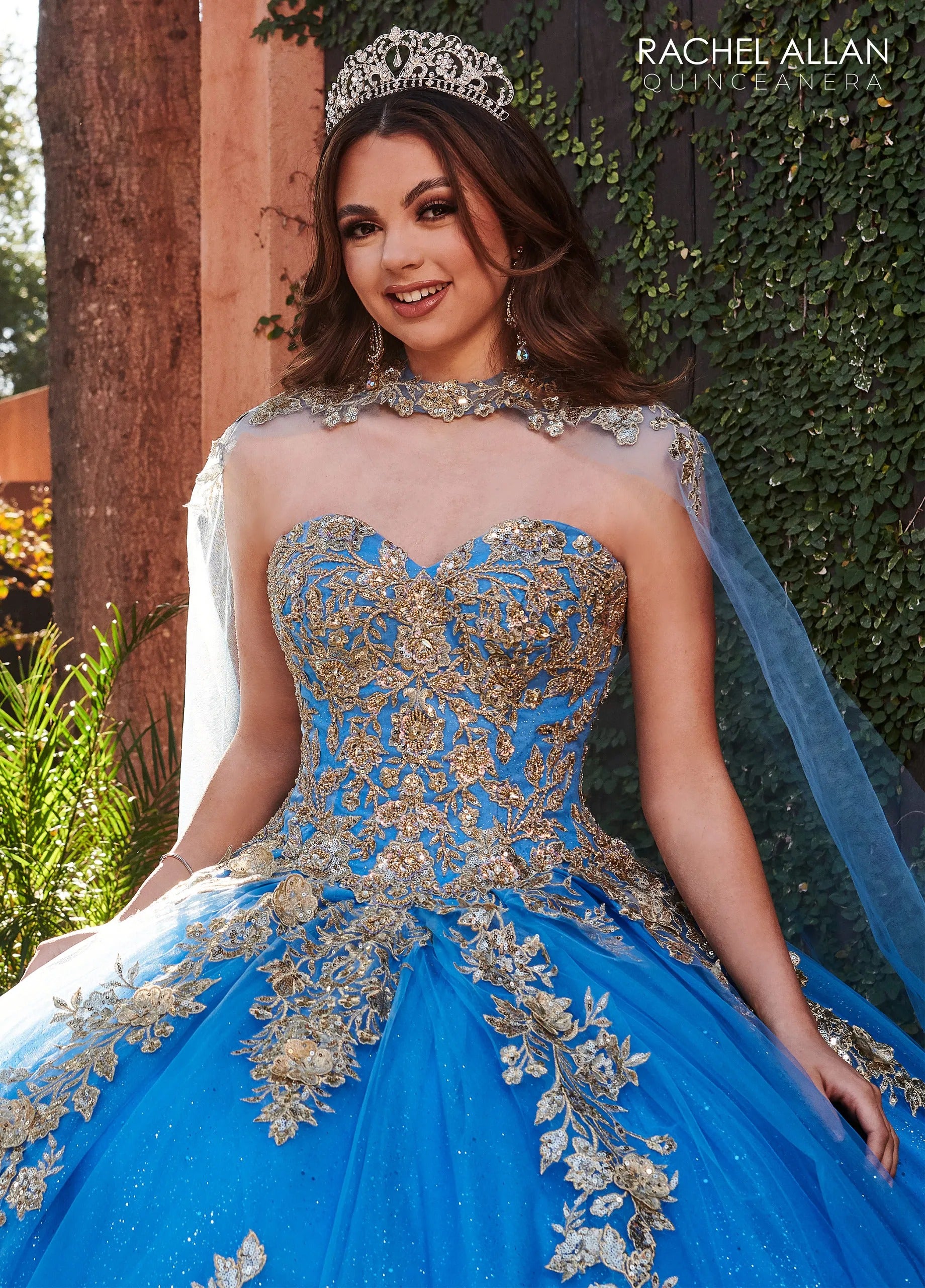 Azure Gold Sweetheart Floor Length Glitter Tulle Quinceanera Ball Gown with Detachable Cape Rachel Allan RQ1111
