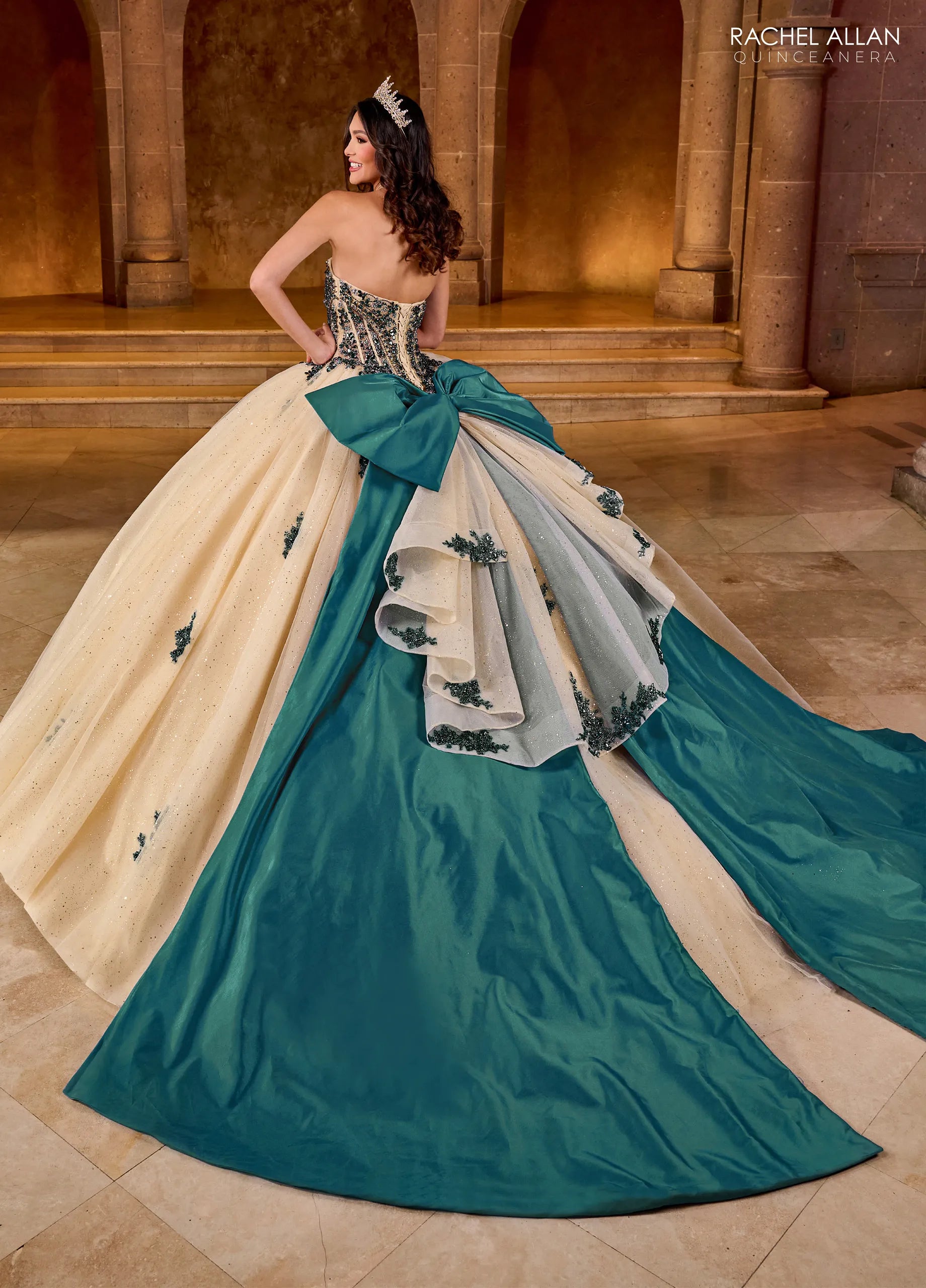 Champagne Peacock Sweetheart Floor Length Glitter Tulle Quinceanera Ball Gown with Detachable Bow Rachel Rachel Allan RQ1152
