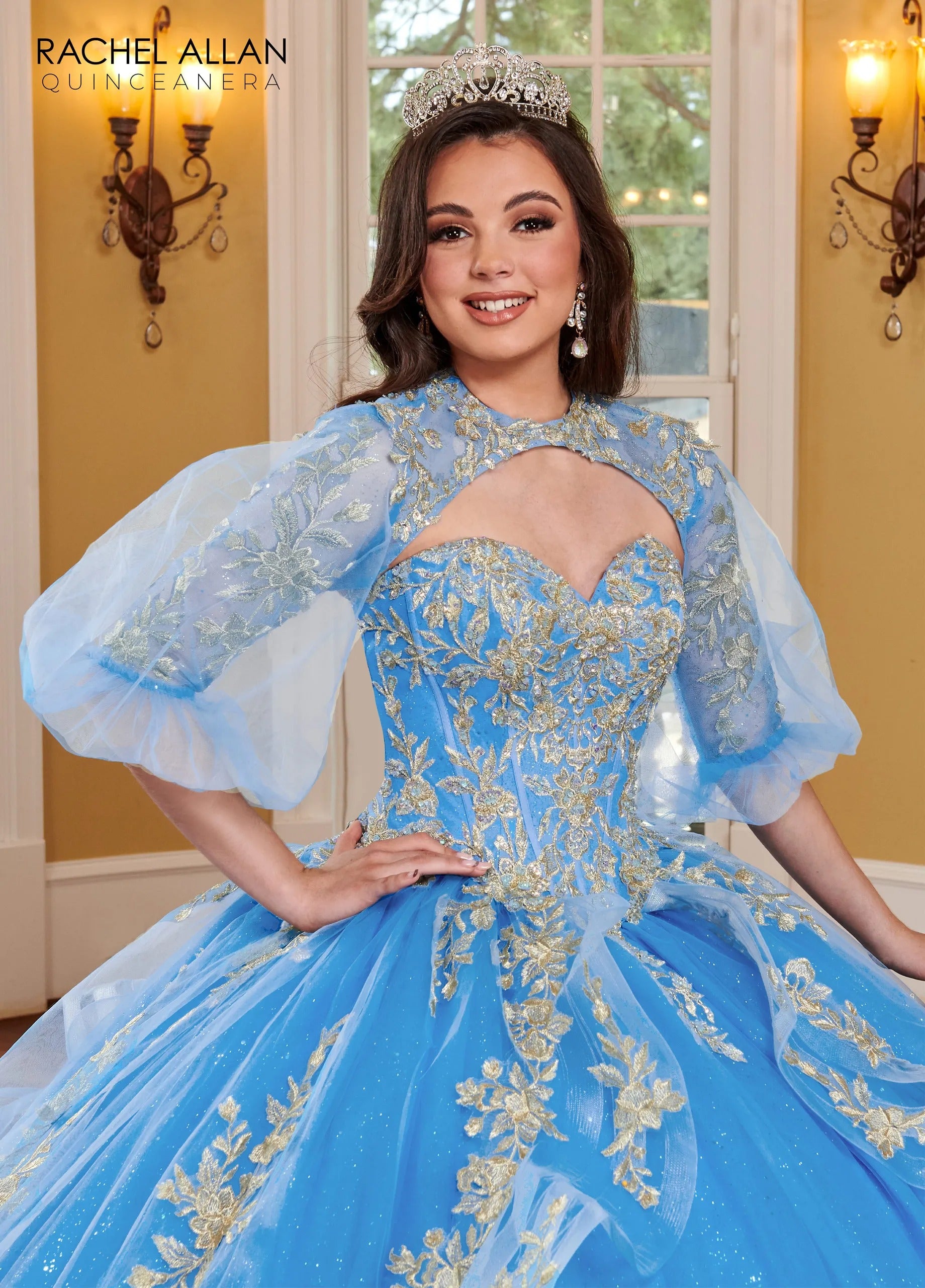 Azure Gold Sweetheart Floor Length Glitter Tulle Quinceanera Ball Gown with Corset Bodice Rachel Allan MQ1118