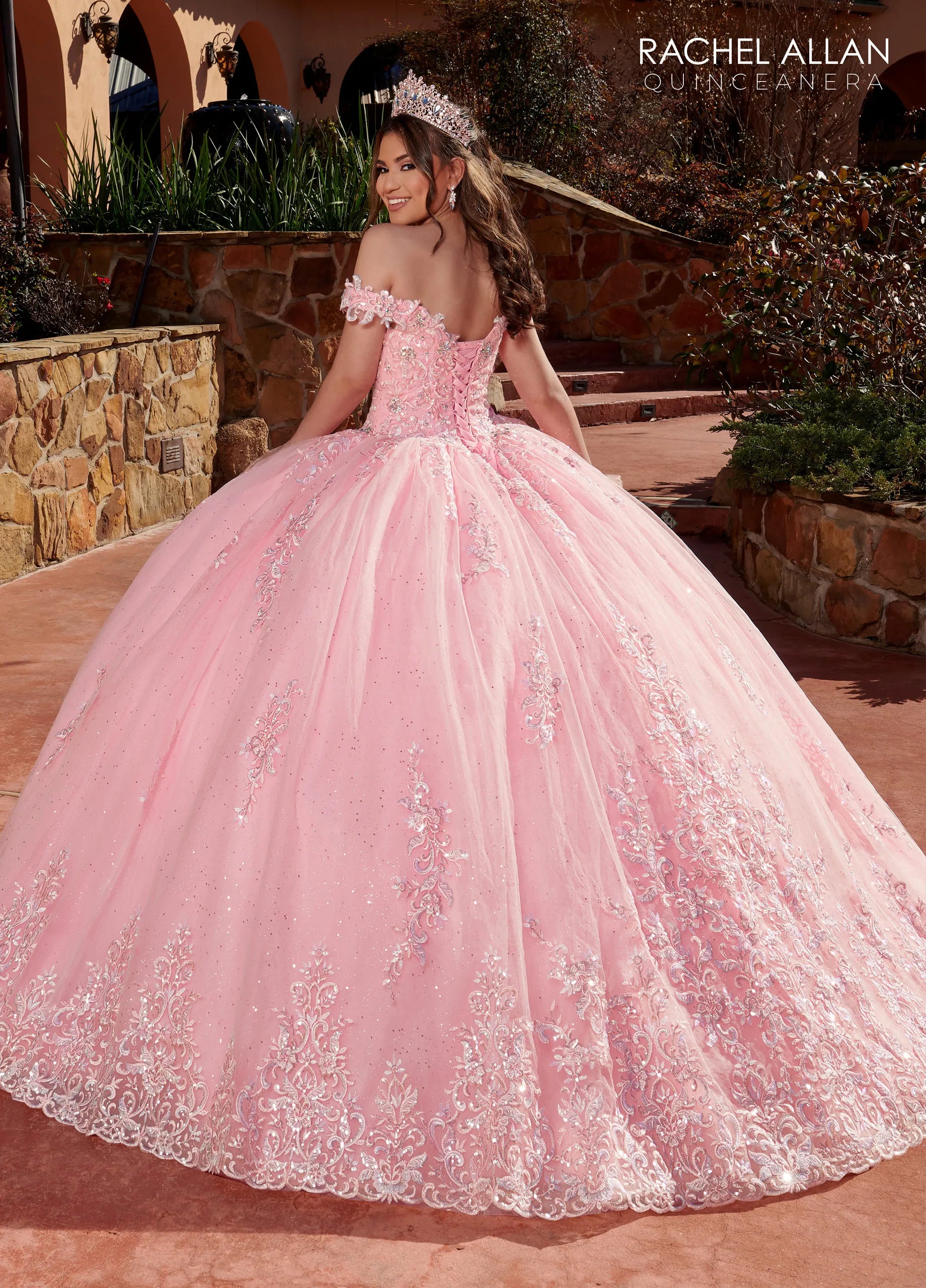 Pink Off-the-Shoulder Floor-Length Glitter Tulle Quinceañera Gown with Lace Appliqué Beading and Lace-Up Back Rachel Allan RQ1121