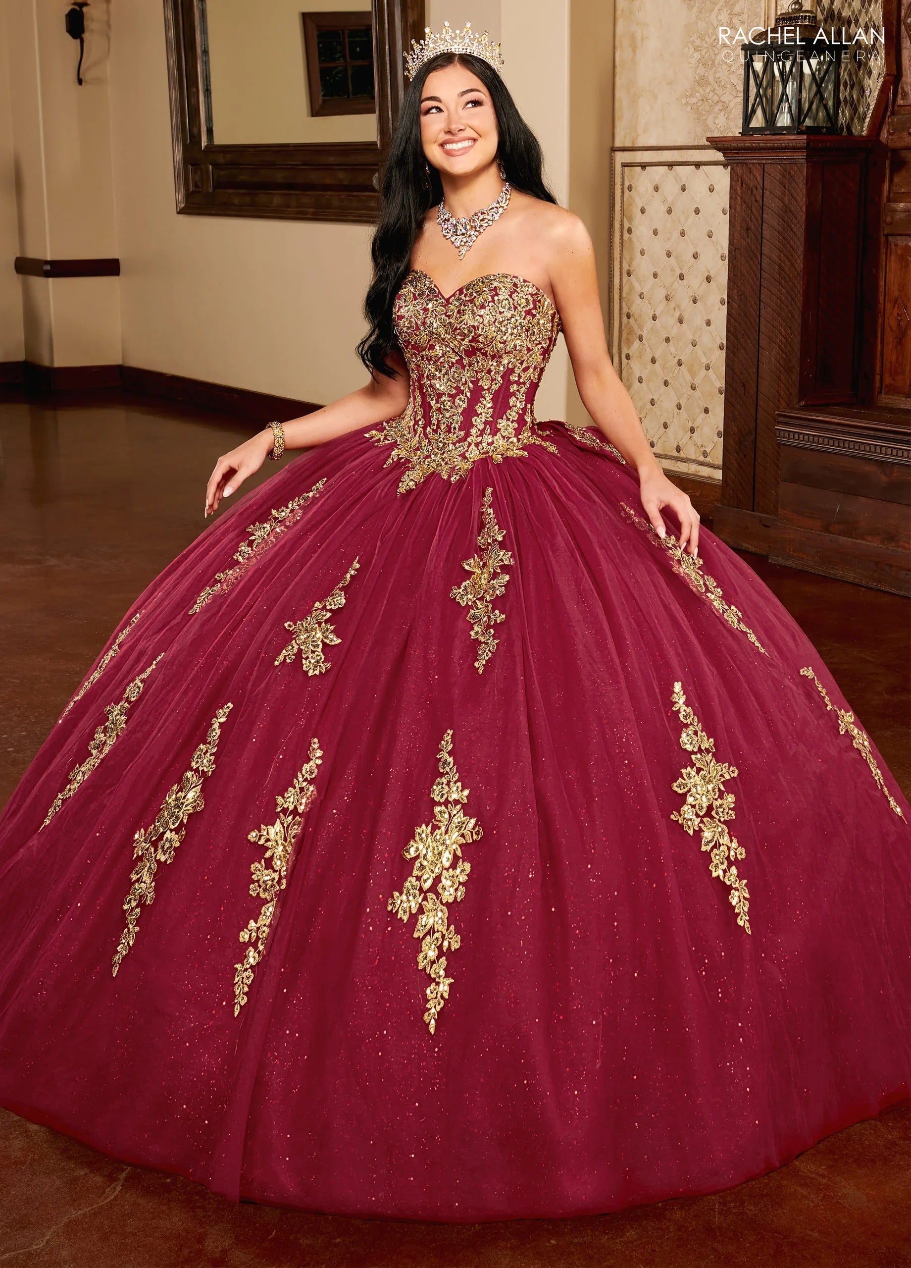 Burgundy Gold Sweetheart Floor Length Glitter Tulle Quinceanera Ball Gown with Corset Back Rachel Allan MQ1109