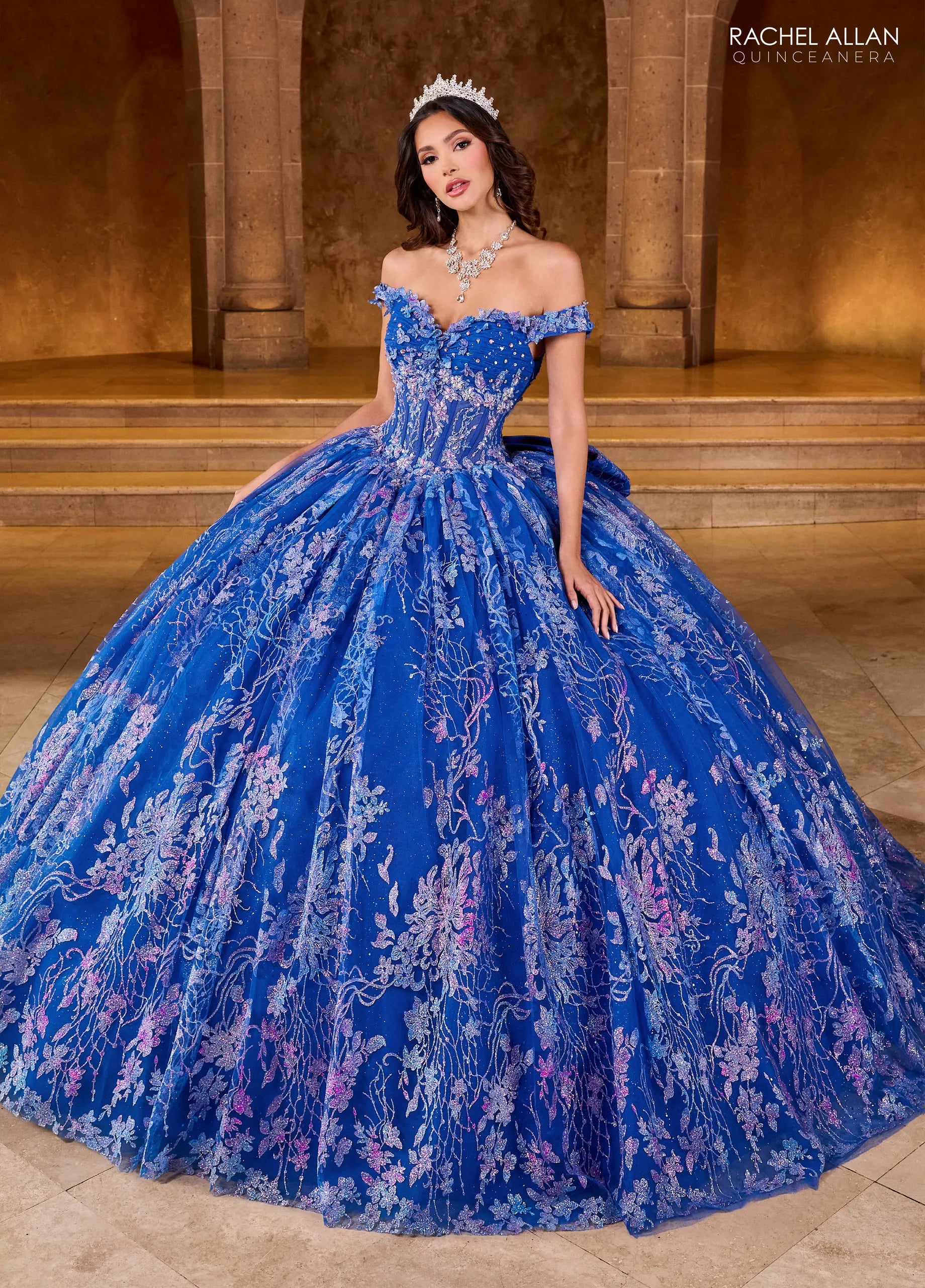 Royal Multi Off the Shoulder Floor Length Glitter Tulle Quinceanera Ball Gown Rachel Allan RQ1146