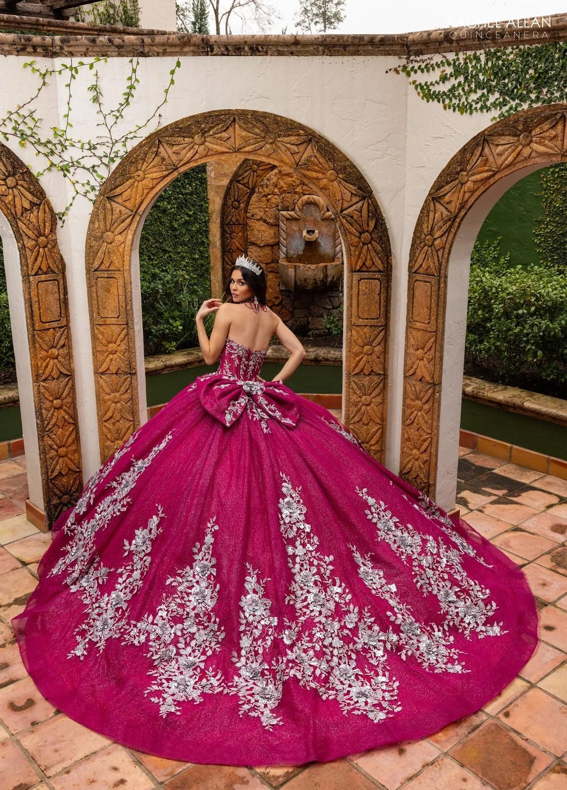 Burgundy Gunmetal Sweetheart Floor Length Glitter Tulle Quinceanera Ball Gown with 3D Floral Applique Rachel Allan RQ1168