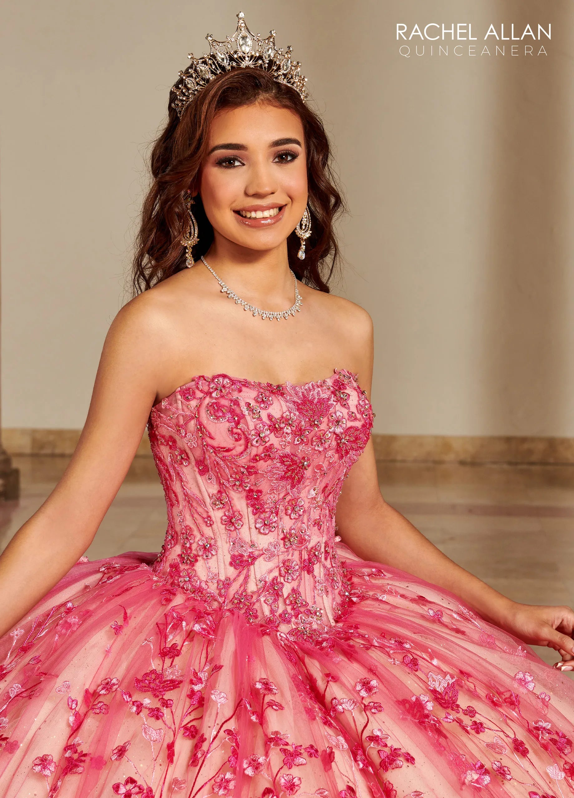Fuchsia Champagne Sweetheart Floor-Length Glitter Tulle Quinceañera Gown with Detachable Puff Sleeves and Bolero Jacket Rachel Allan RQ1123