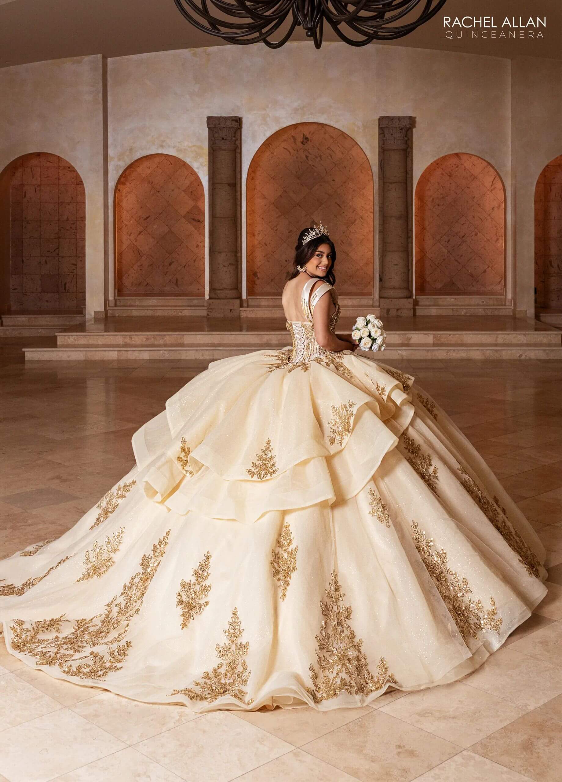 Champagne Gold One Shoulder Floor Length Glitter Tulle Quinceanera Ball Gown with Peplum Overskirt Rachel Allan RQ1186