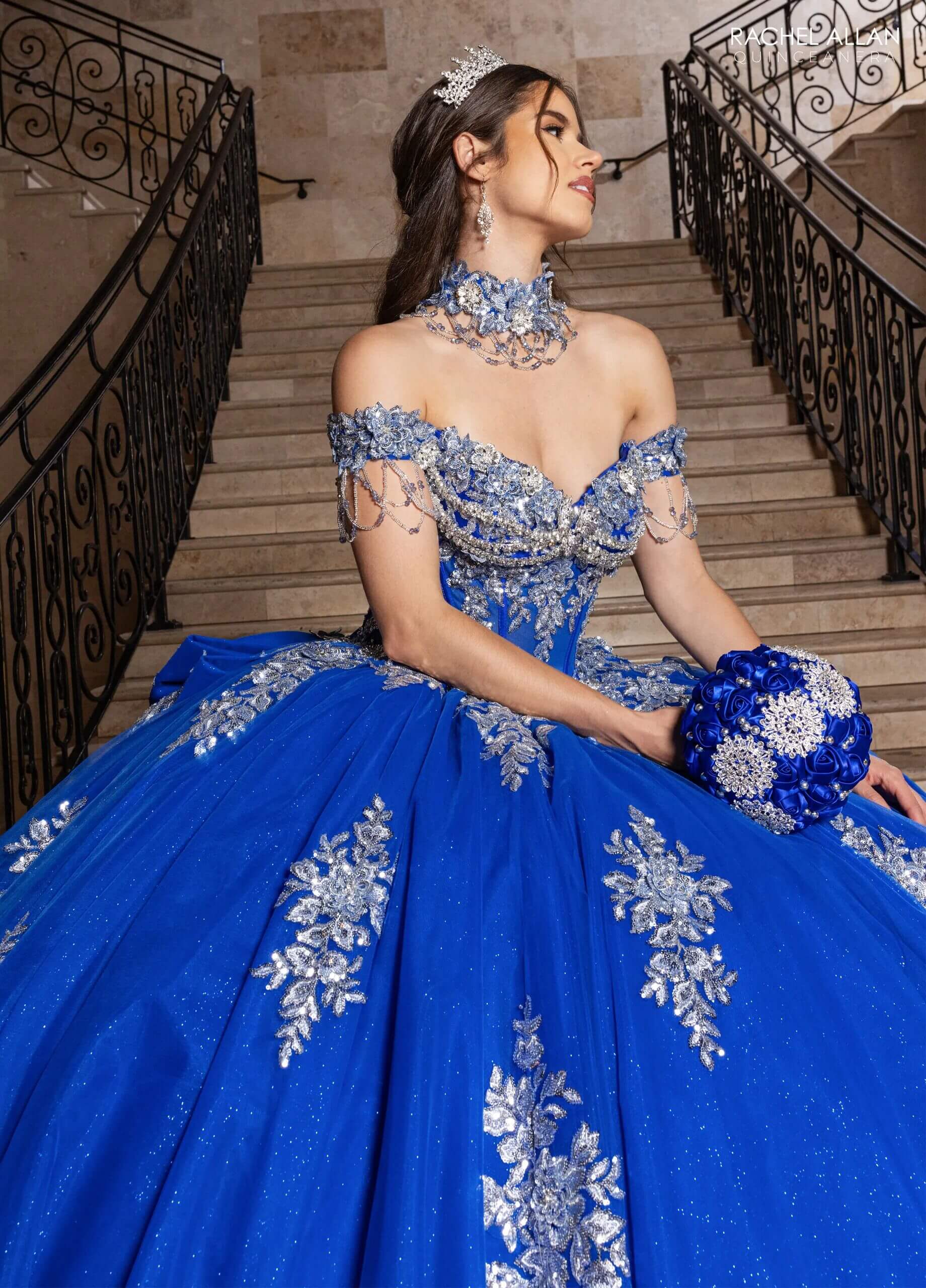 Royal Silver Off the Shoulder Floor Length Glitter Tulle Quinceanera Ball Gown Rachel Allan RQ1183