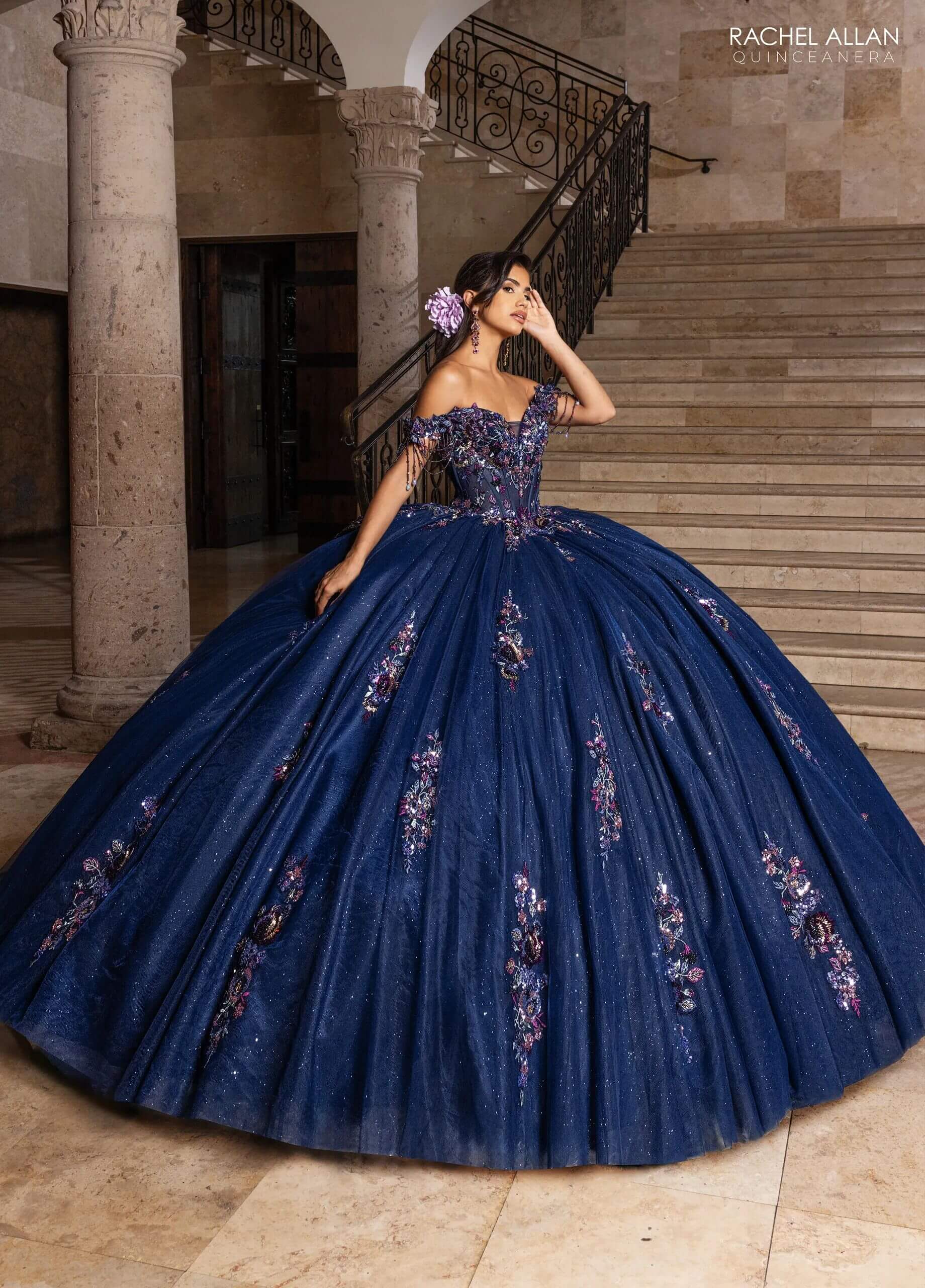 Navy Multi Off the Shoulder Floor Length Glitter Tulle Quinceanera Ball Gown with Floral Applique Rachel Allan RQ1184