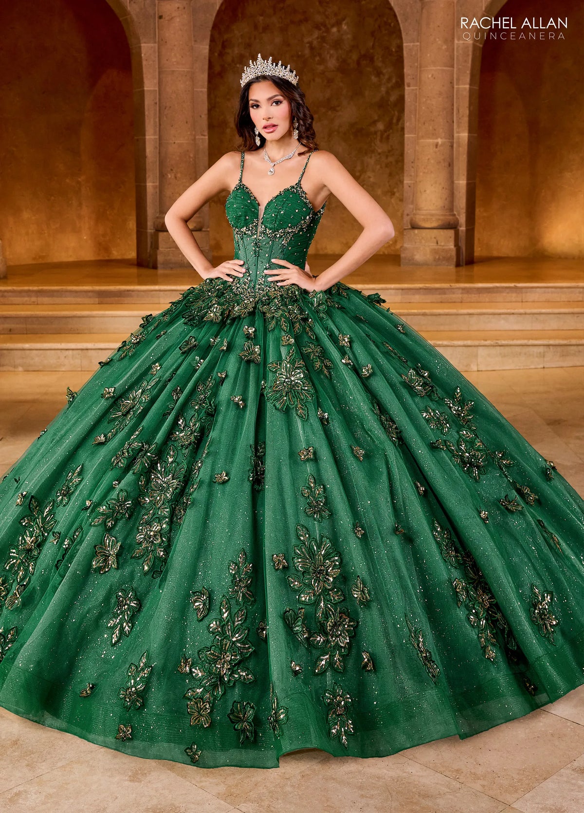 Emerald Gold Sweetheart Floor Length Glitter Tulle Quinceanera Ball Gown with Embroidery Rachel Allan RQ1149