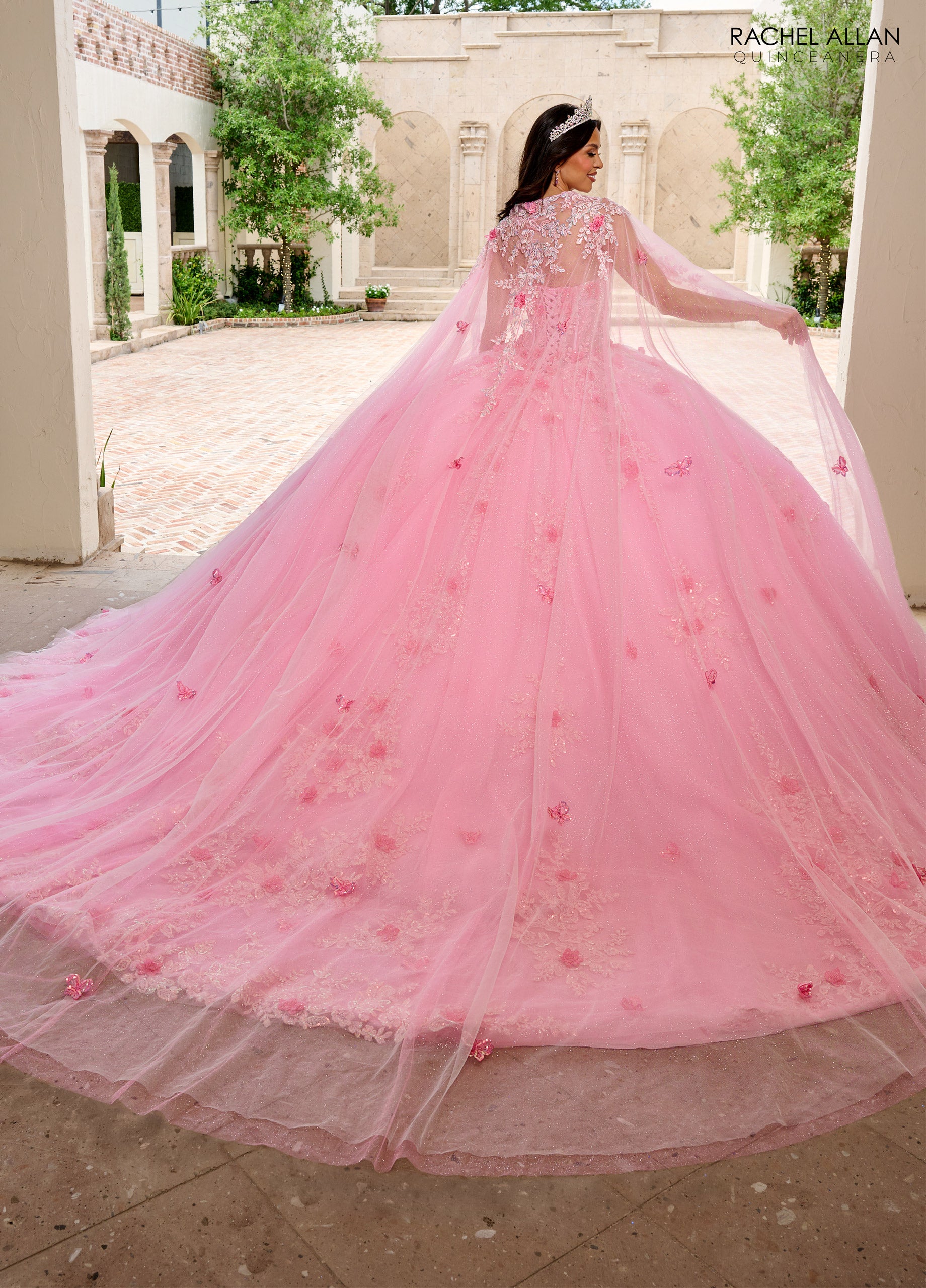 Quinceniera Dresses Long Ball Gown Lace Floral Glitter Quinceanera Dress Pink