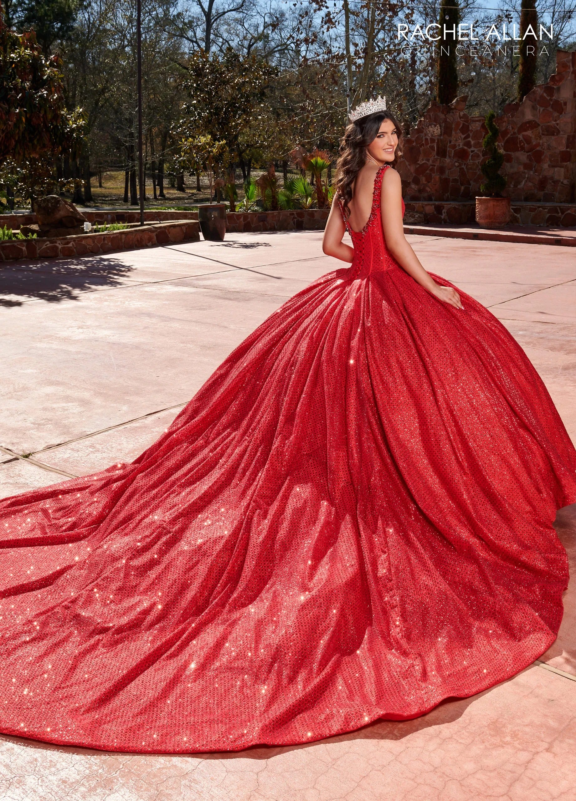 Red V Neck Floor Length Glitter Tulle Quinceanera Ball Gown with Corset Bodice and Royal Train Rachel Allan RQ1127