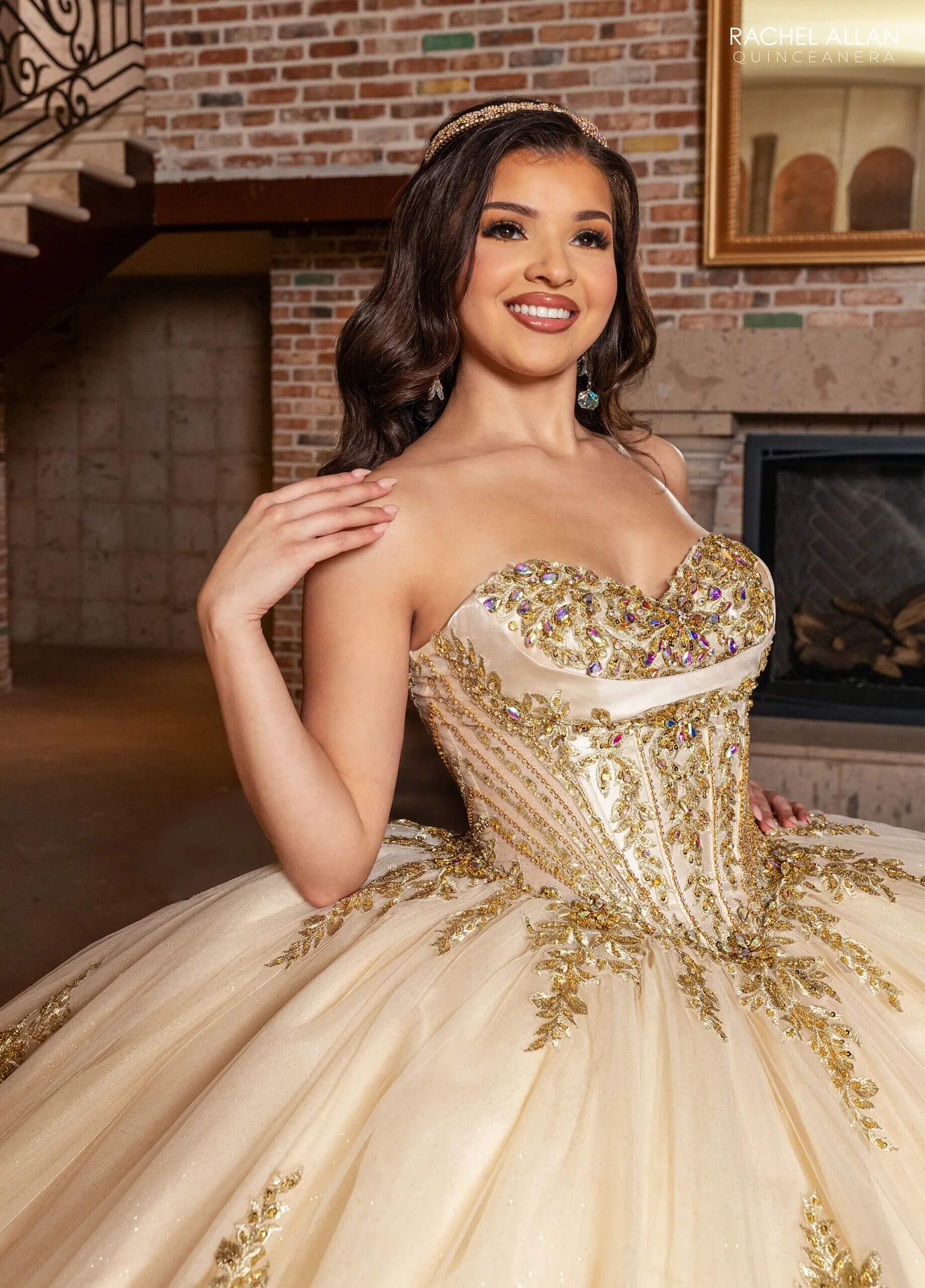 Champagne Gold Off the Shoulder Floor Length Glitter Tulle Quinceanera Ball Gown with Detachable Bow Rachel Allan RQ1187