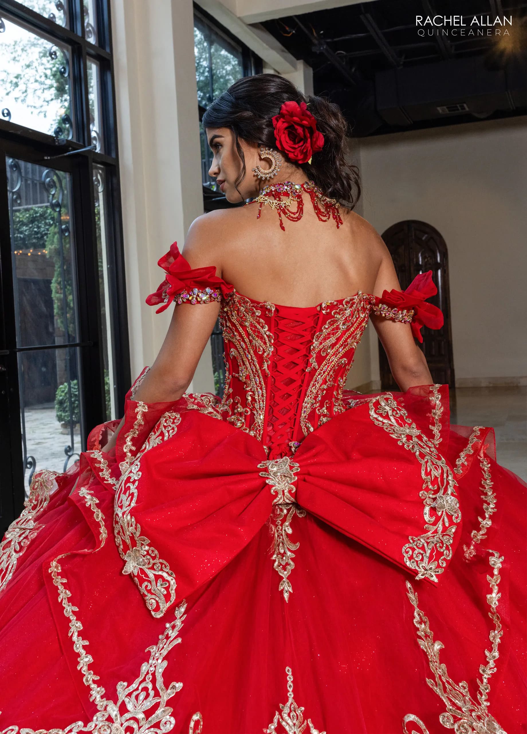 Deep Red Gold Off the Shoulder Floor-Length Glitter Tulle Quinceanera Ball-Gown with Detachable Bow Rachel Allan RQ1180