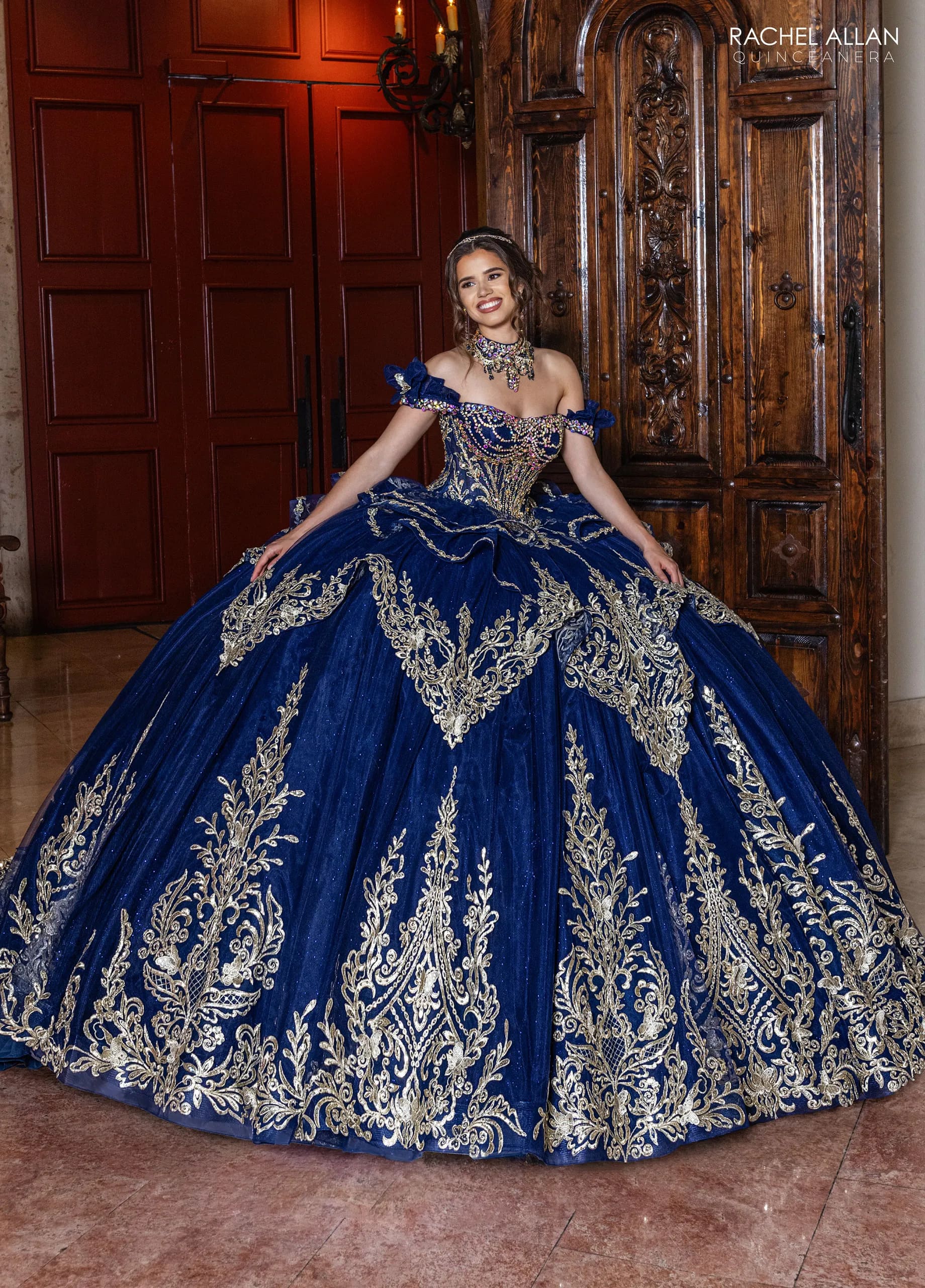 Navy Gold Off the Shoulder Floor-Length Glitter Tulle Quinceanera Ball-Gown with Detachable Bow Rachel Allan RQ1180