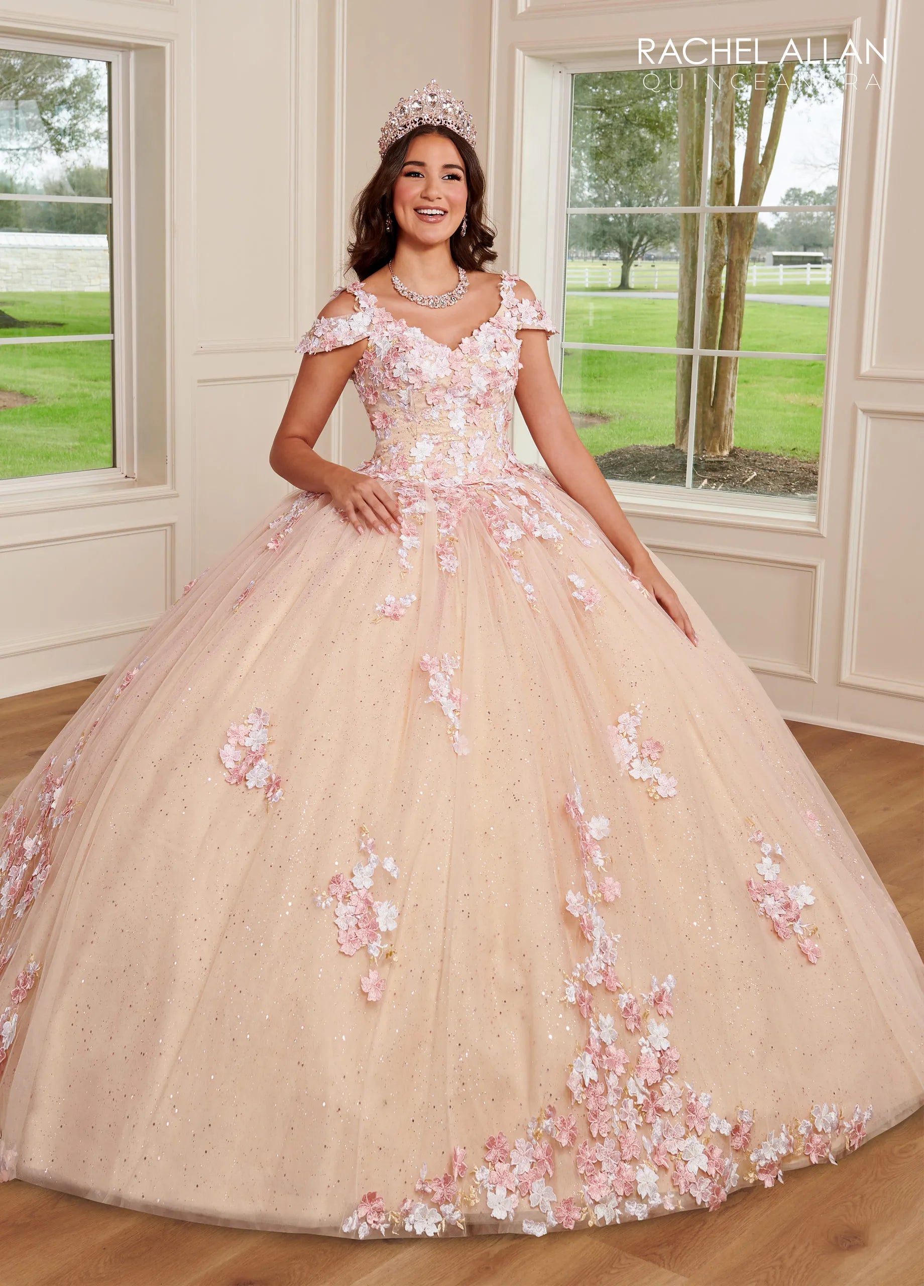 V-Neck Floor-Length Glitter Tulle Quinceanera Ball Gown with 3D Flowers Rachel Allan RQ1125