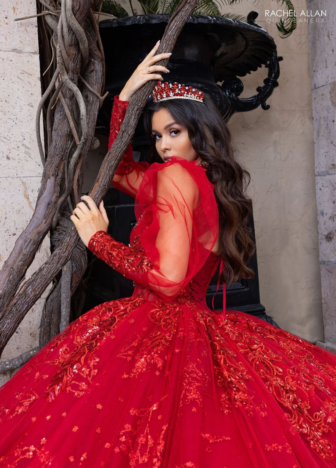 Deep Red High Neck Floor Length Glitter Tulle Quinceanera Ball Gown with Detachable Sleeves Rachel Allan RQ1172
