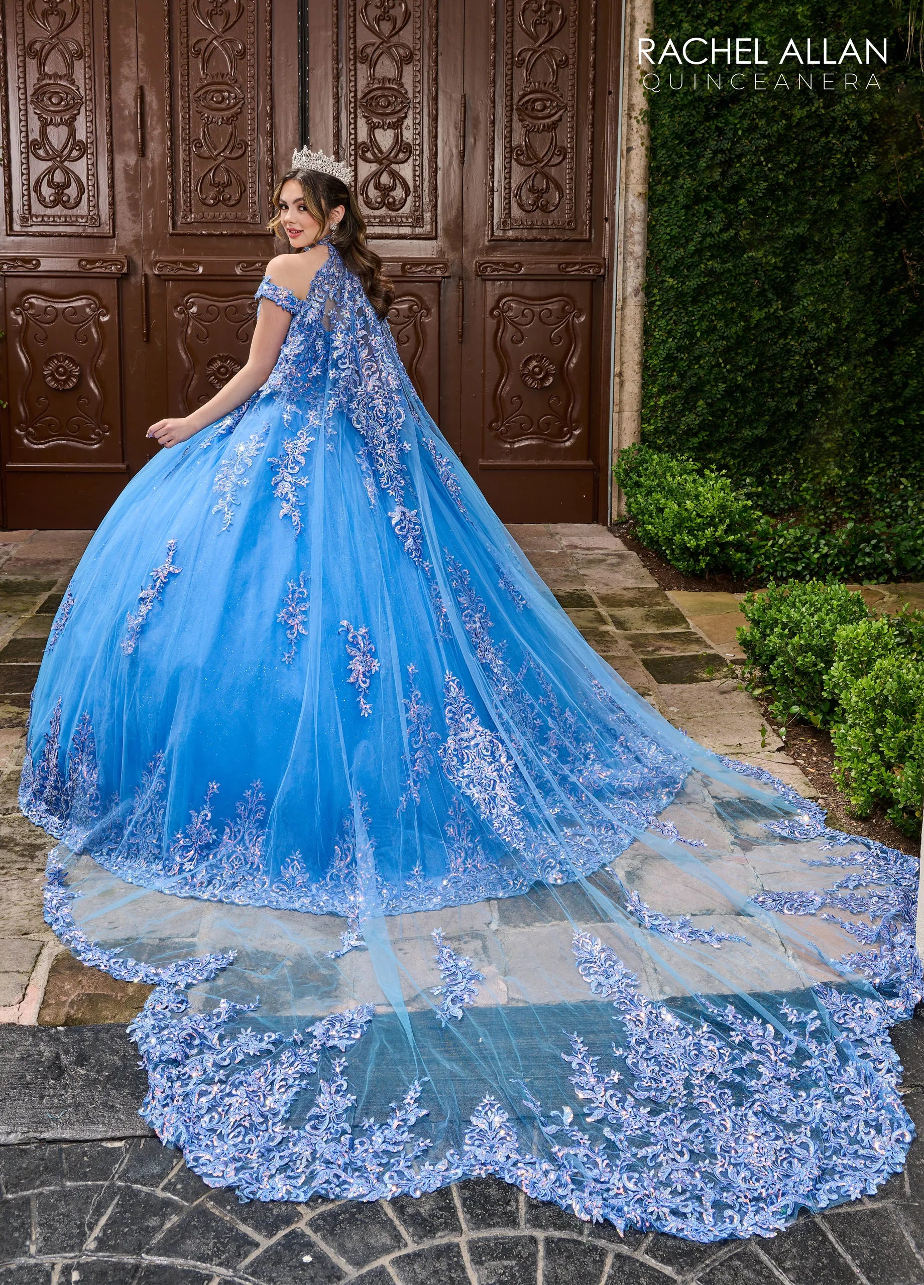 Azure Off-the-Shoulder Floor-Length Glitter Tulle Quinceañera Gown with Lace Appliqué Beading and Lace-Up Back Rachel Allan RQ1121