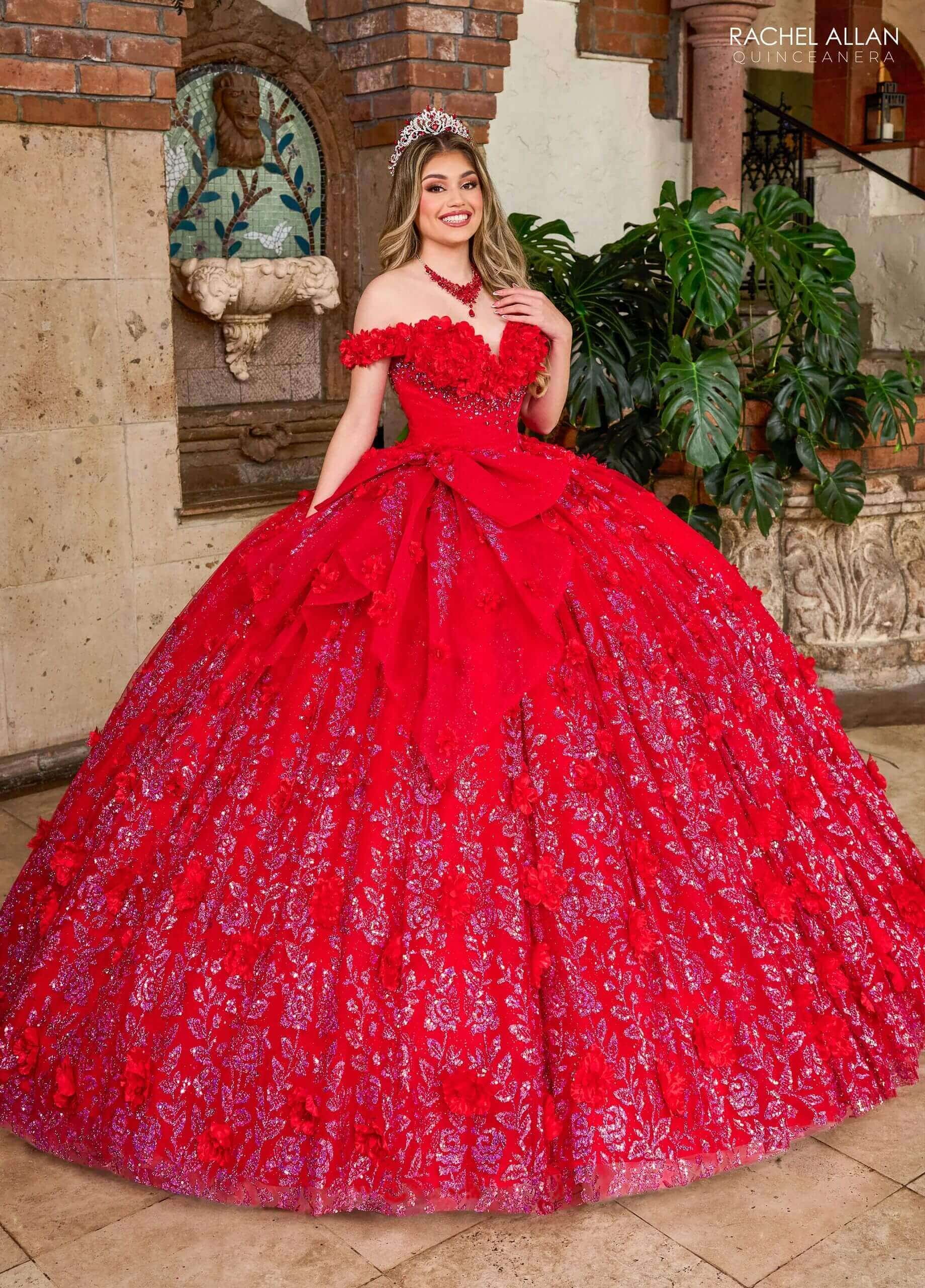 Red Fuchsia Off the Shoulder Floor Length Tulle Quinceanera Ball Gown with Floral Appliqué Rachel Allan RQ1141