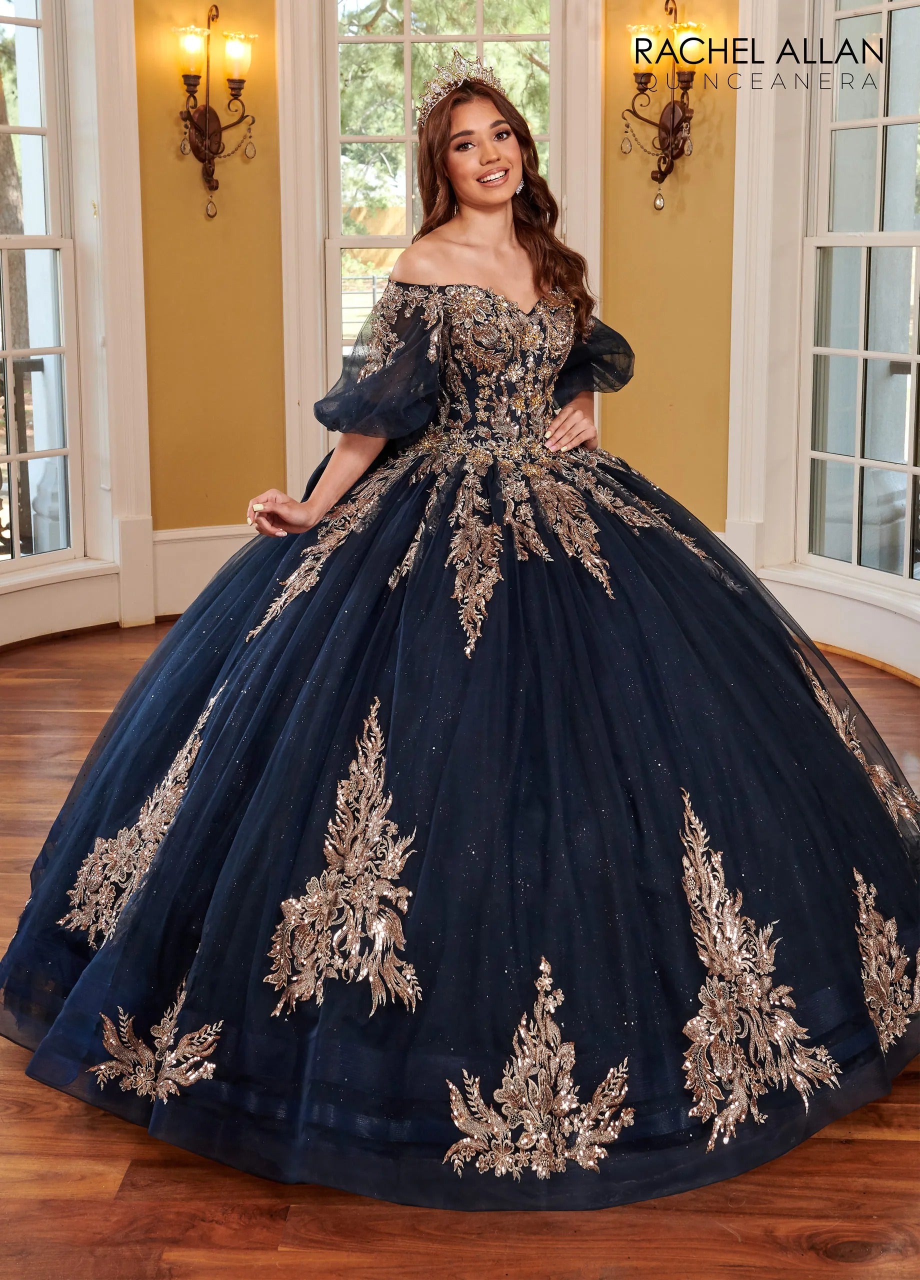  Navy Rose Gold Off the Shoulder Floor Length Glitter Tulle Quinceanera Ball Gown with Puff Sleeves Rachel Allan RQ1110