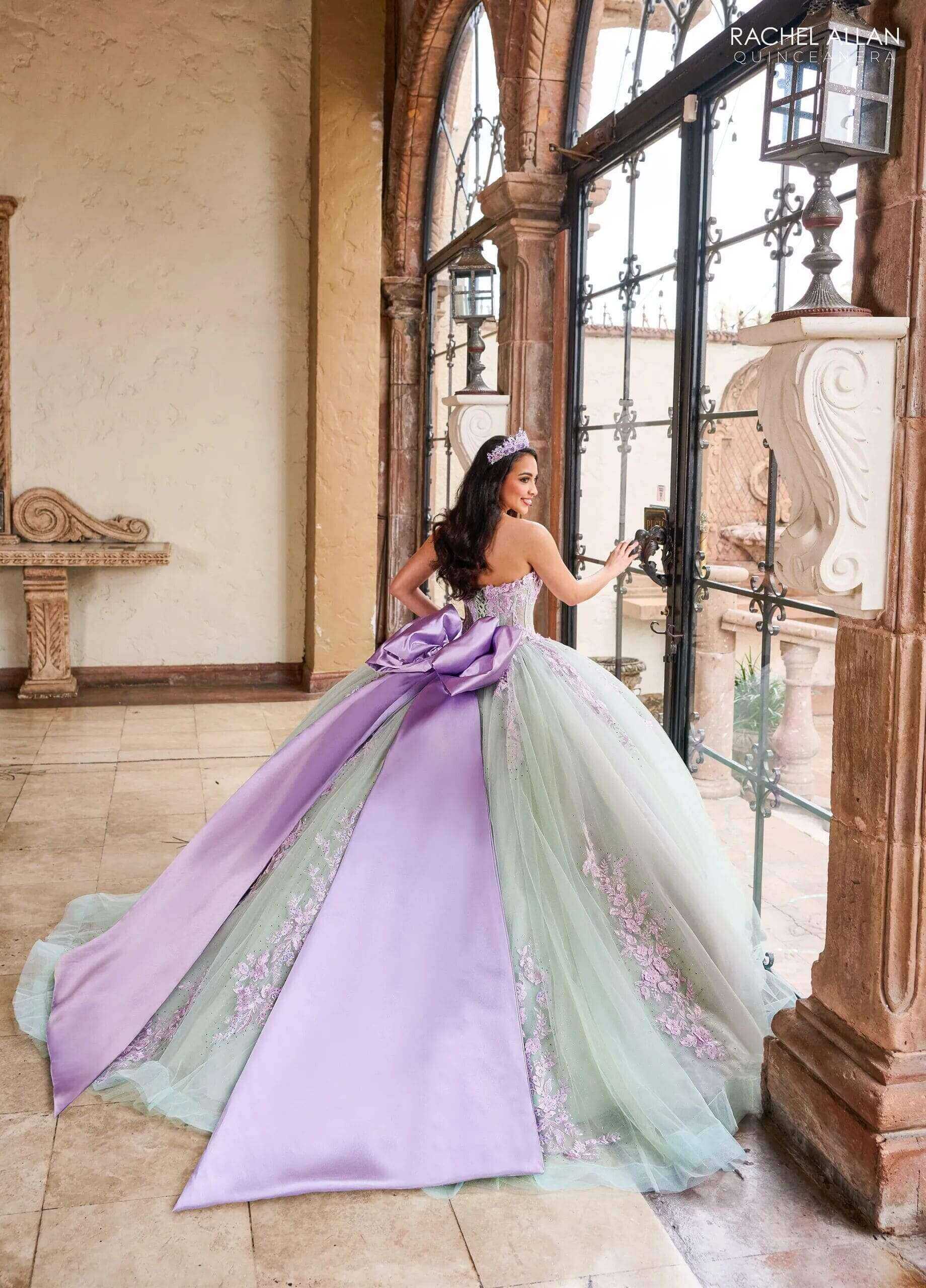 Sage Lilac Off the Shoulder Floor Length Tulle Quinceanera Ball Gown with Puff Sleeves Rachel Allan RQ1140