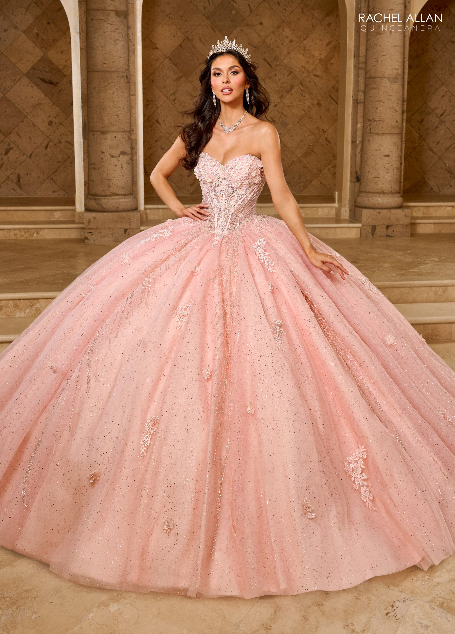 Rachel Allan RQ1162 Long Ball Gown Glitter Overskit Quinceanera Dress