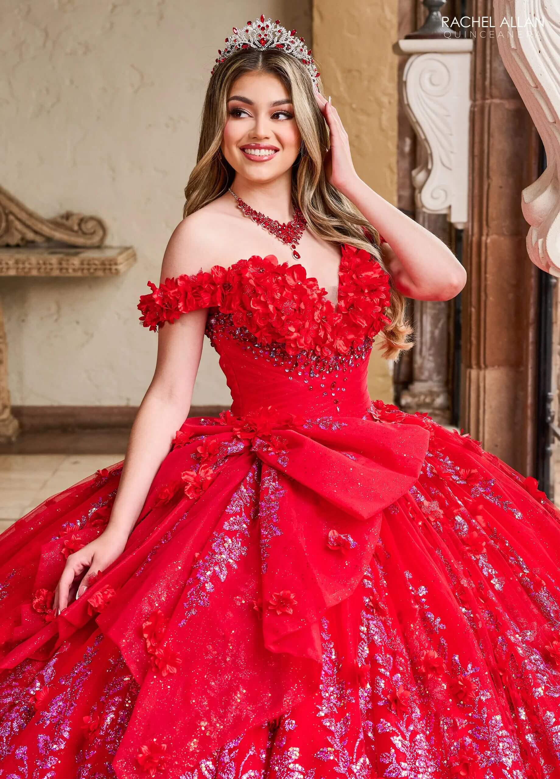 Red Fuchsia Off the Shoulder Floor Length Tulle Quinceanera Ball Gown with Floral Appliqué Rachel Allan RQ1141
