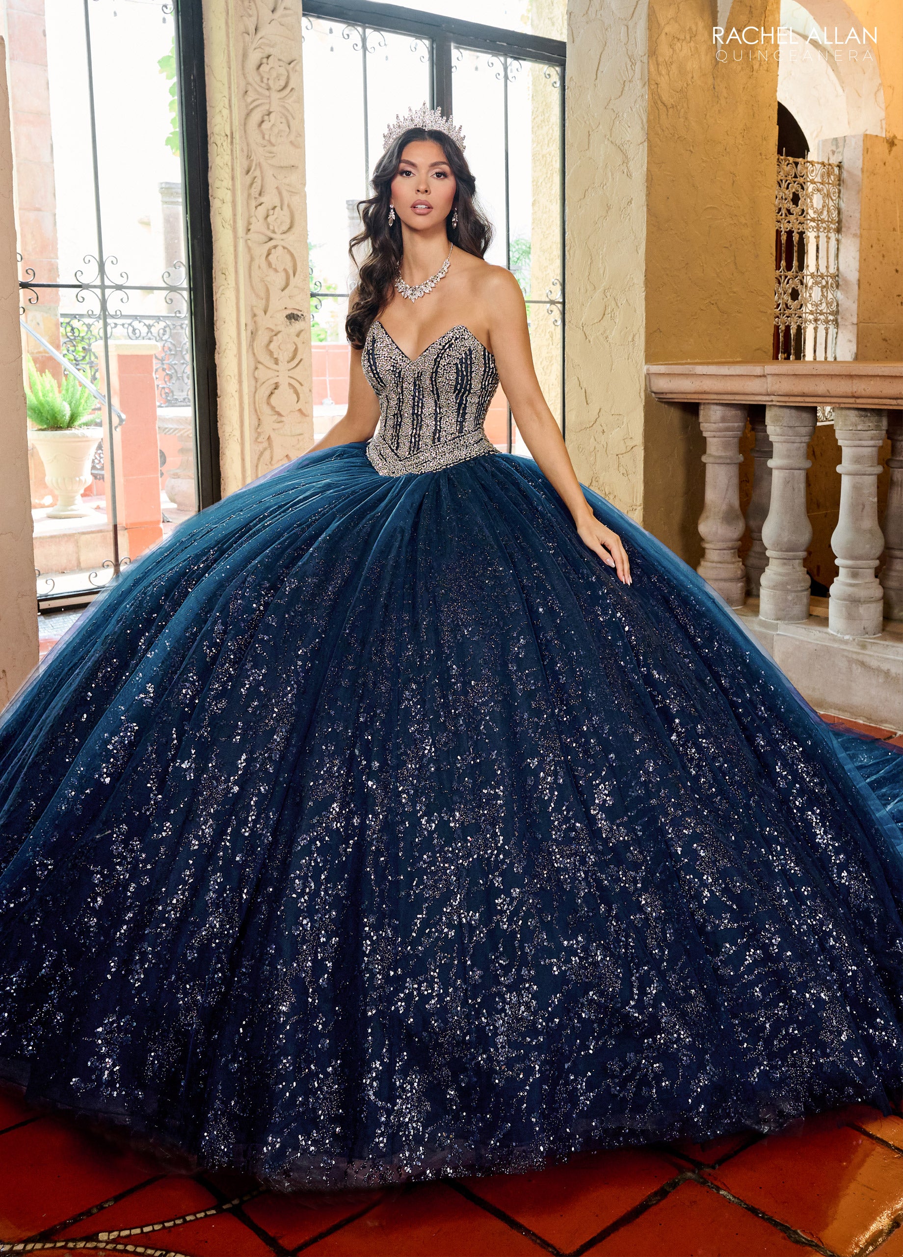 Quinceniera Dresses Long Beaded Bodice Glitter Sweet 16 Quinceanera Dress Navy Silver
