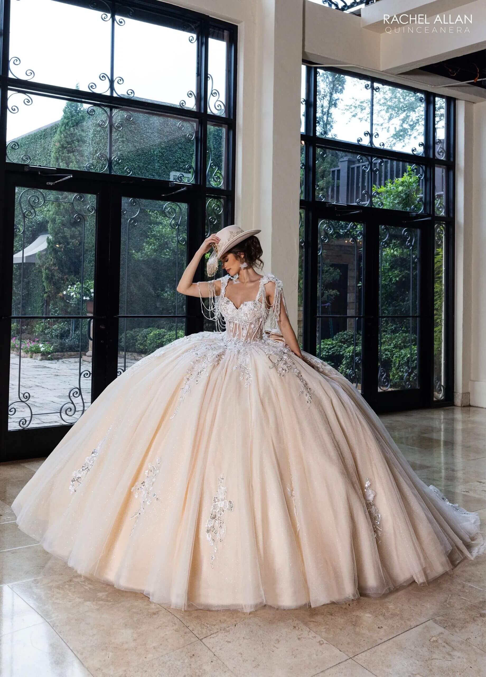 Ivory Champagne Sweetheart Floor Length Glitter Tulle Quinceanera Ball Gown with Beaded Fringe Straps Rachel Allan RQ1182