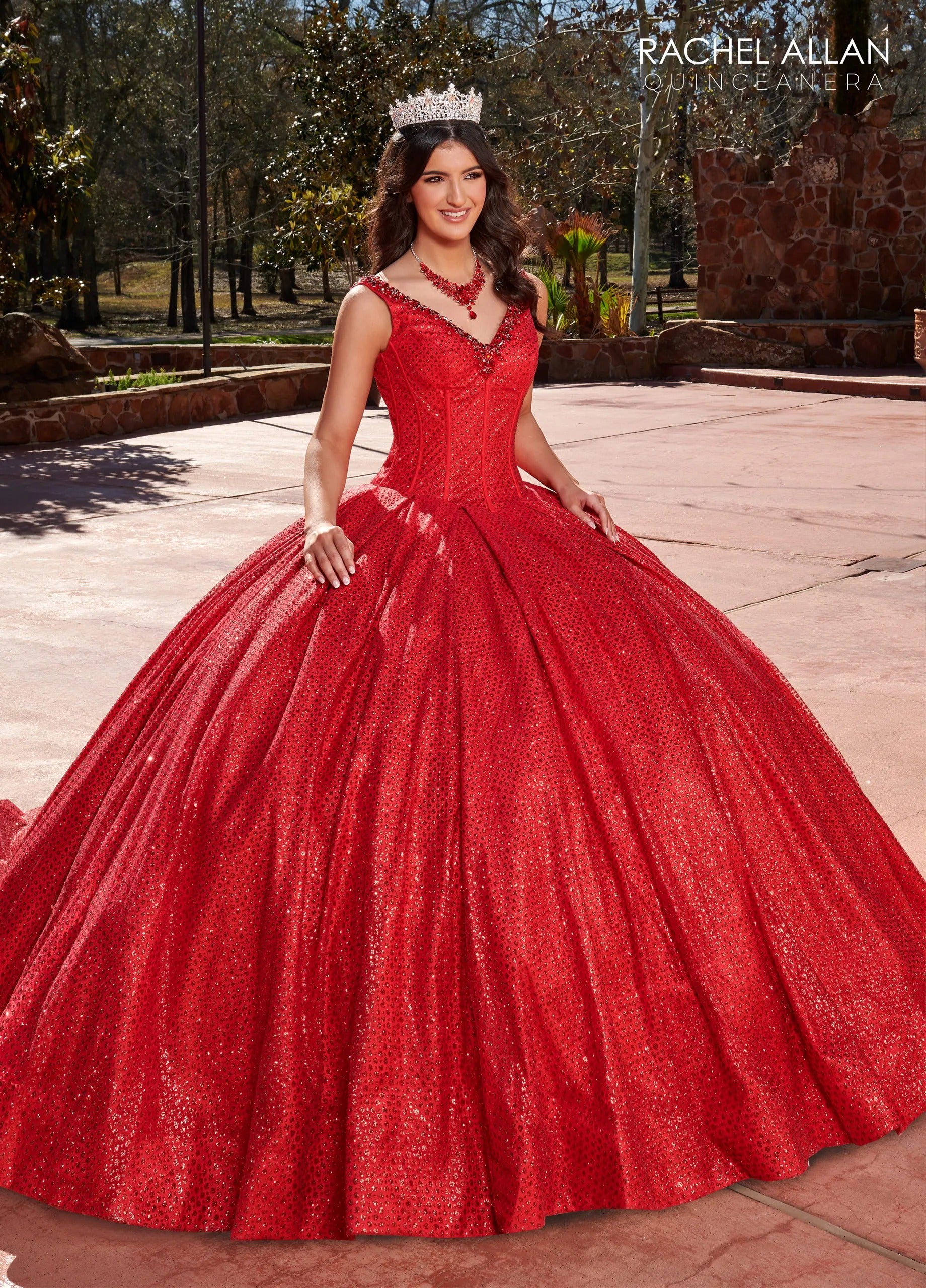 Red V Neck Floor Length Glitter Tulle Quinceanera Ball Gown with Corset Bodice and Royal Train Rachel Allan RQ1127