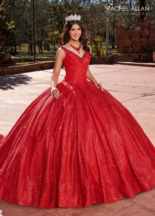 V Neck Floor Length Glitter Tulle Quinceanera Ball Gown with Corset Bodice and Royal Train Rachel Allan RQ1127