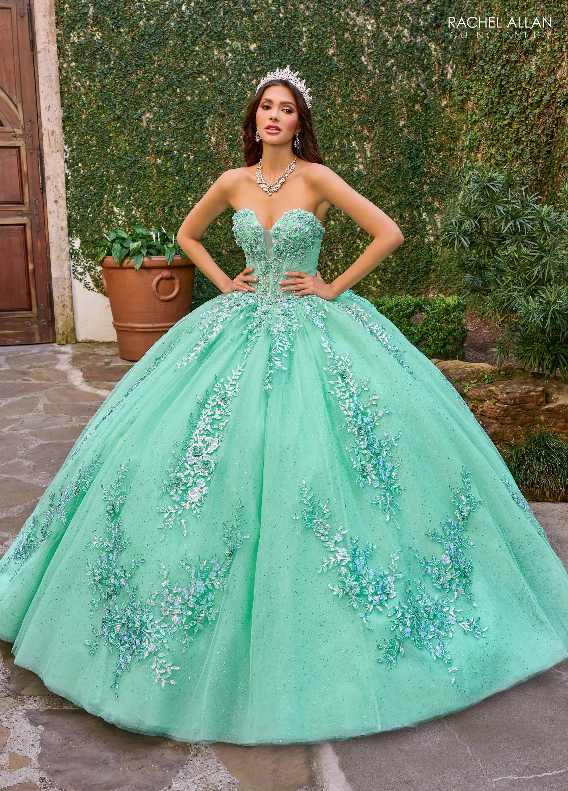 Mint Multi Sweetheart Floor Length Tulle Quinceanera Ball Gown with Floral Applique Rachel Allan RQ1148