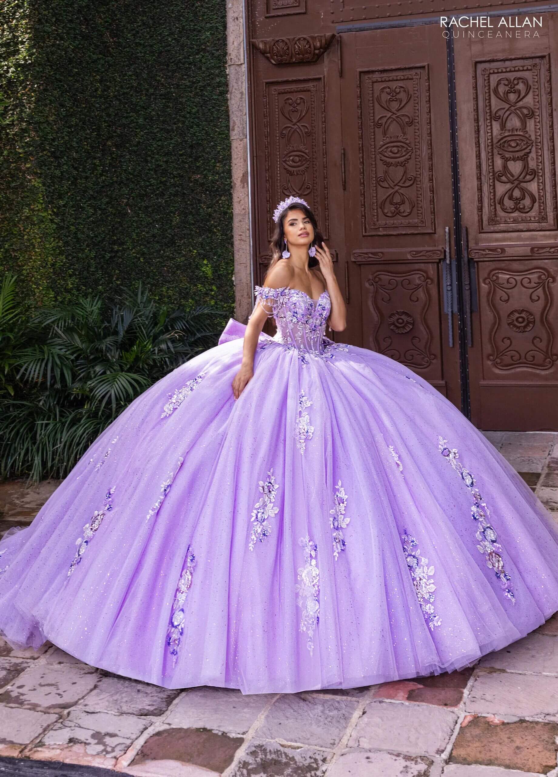 Lilac Multi Off the Shoulder Floor Length Glitter Tulle Quinceanera Ball Gown with Floral Applique Rachel Allan RQ1184