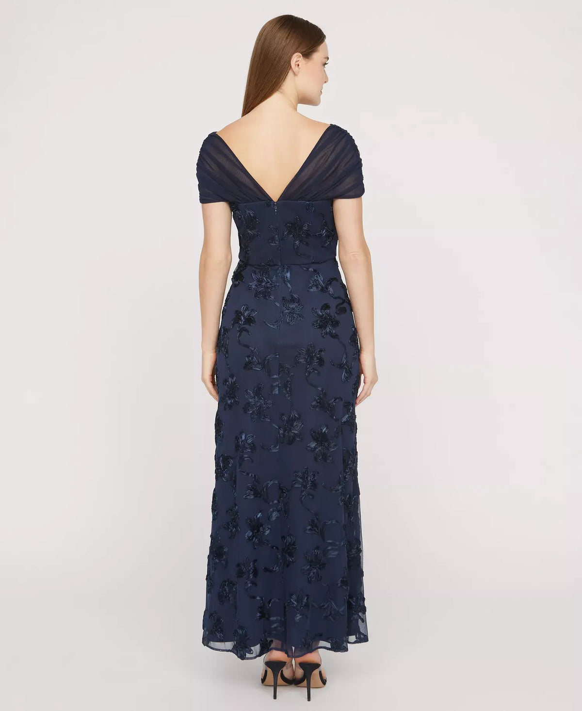 Draped Sleeve Floral Appliqué Ankle Gown JS Collections