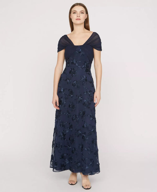 Draped Sleeve Floral Appliqué Ankle Gown JS Collections