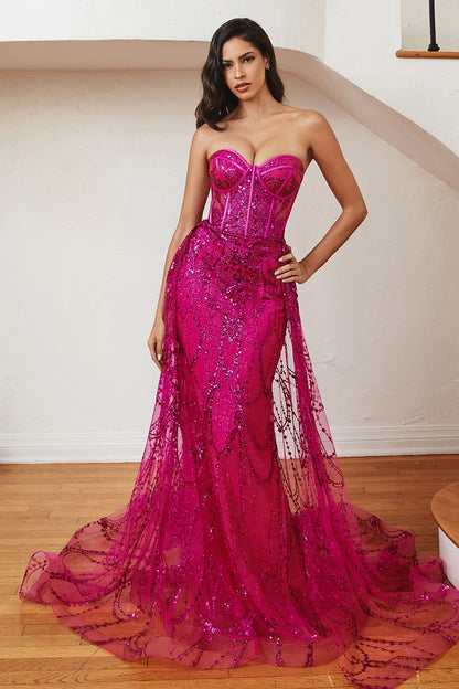 Cinderella Divine CB095 Strapless Long Fitted Prom Gown Fuchsia