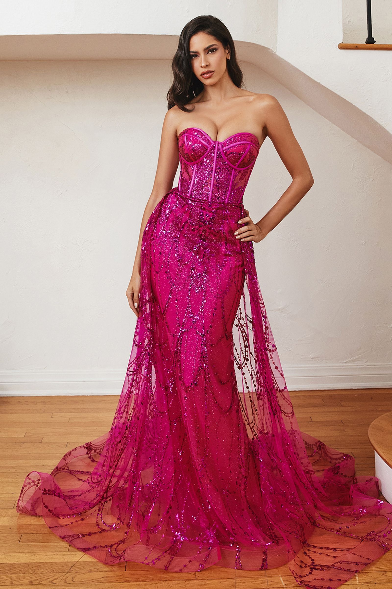 LaDivine CB095 Strapless Long Fitted Prom Gown in Fuchsia