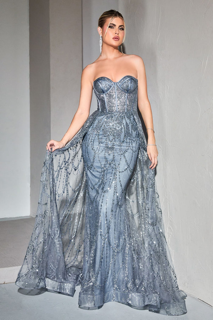 LaDivine CB095 Strapless Long Fitted Prom Gown in Smoky Blue