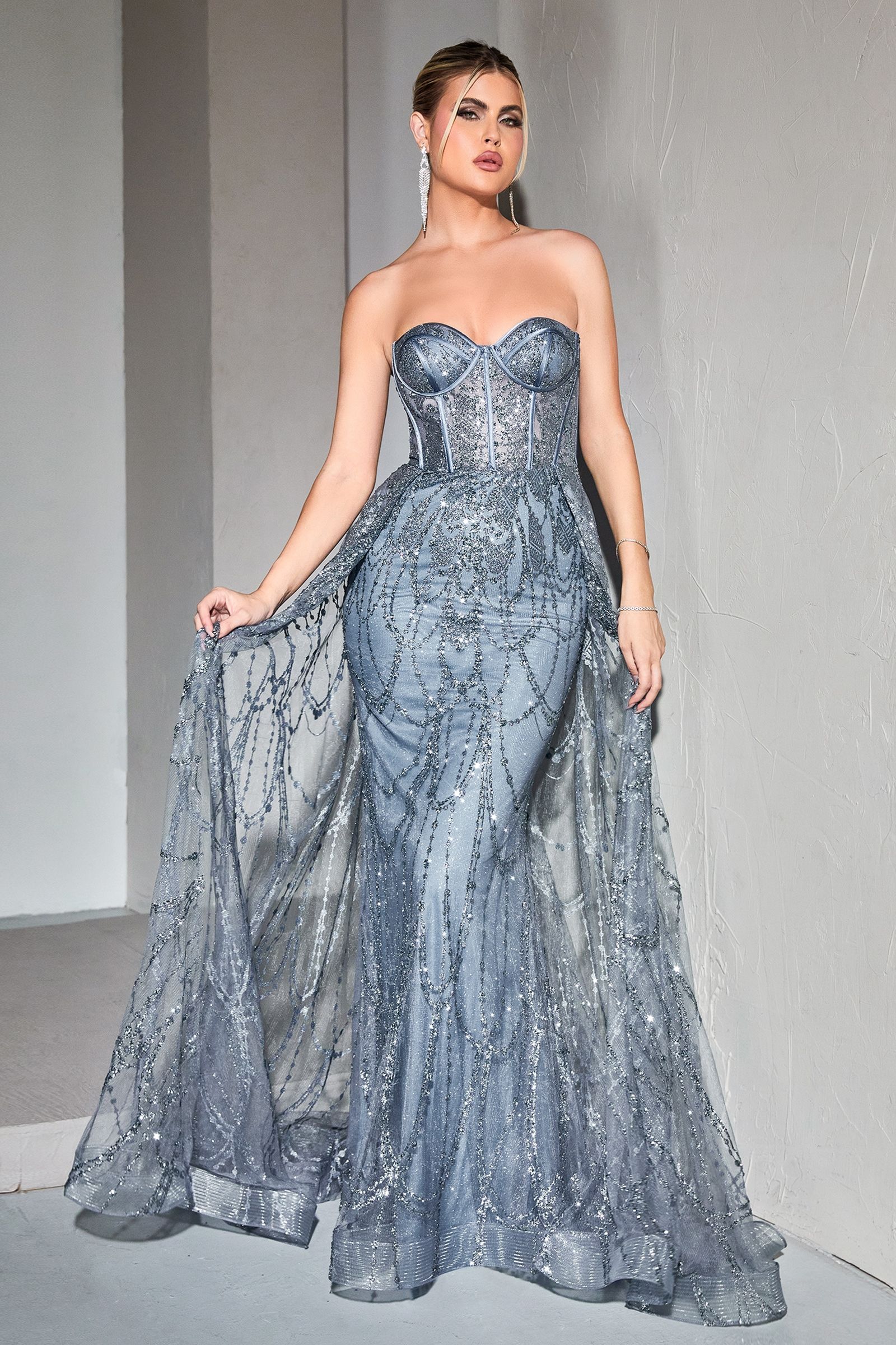 LaDivine CB095 Strapless Long Fitted Prom Gown in Smoky Blue