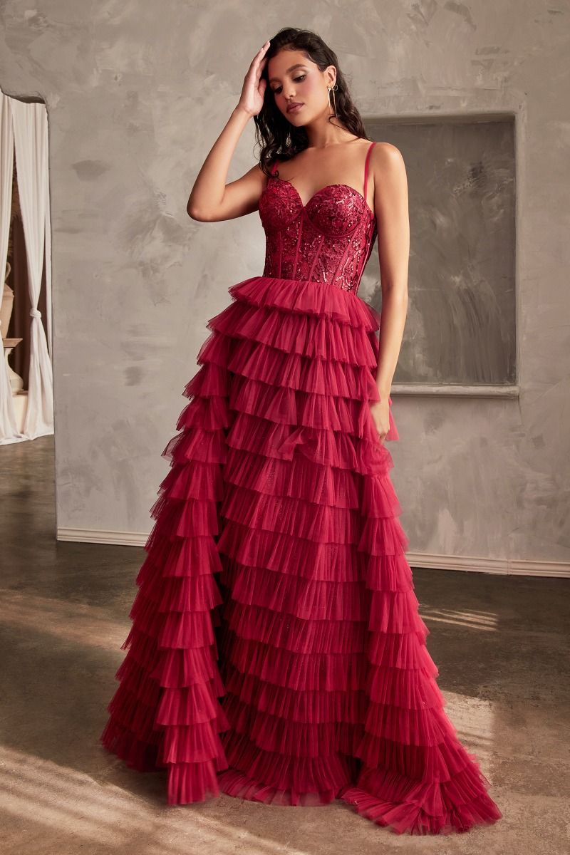 Prom Dresses Long Formal Prom Ruffle Tiered Dress Burgundy