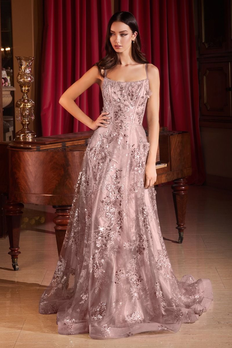 LaDivine CB144 Sequin Long Formal Floral Print Prom Dress