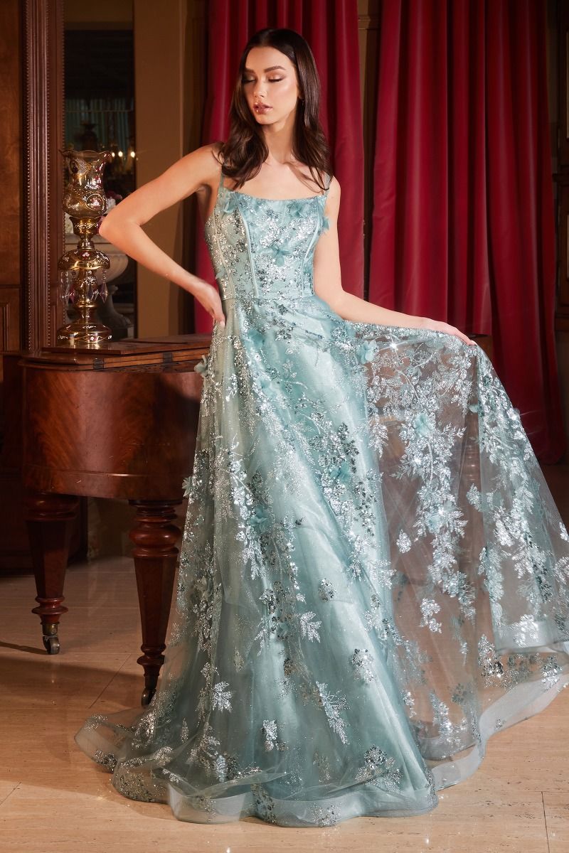 LaDivine CB144 Sequin Long Formal Floral Print Prom Dress